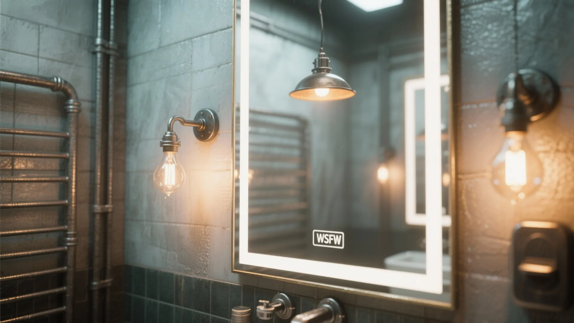 Industrial bathroom with lighted mirror wall light hanging ceiling light and grey tile wall design