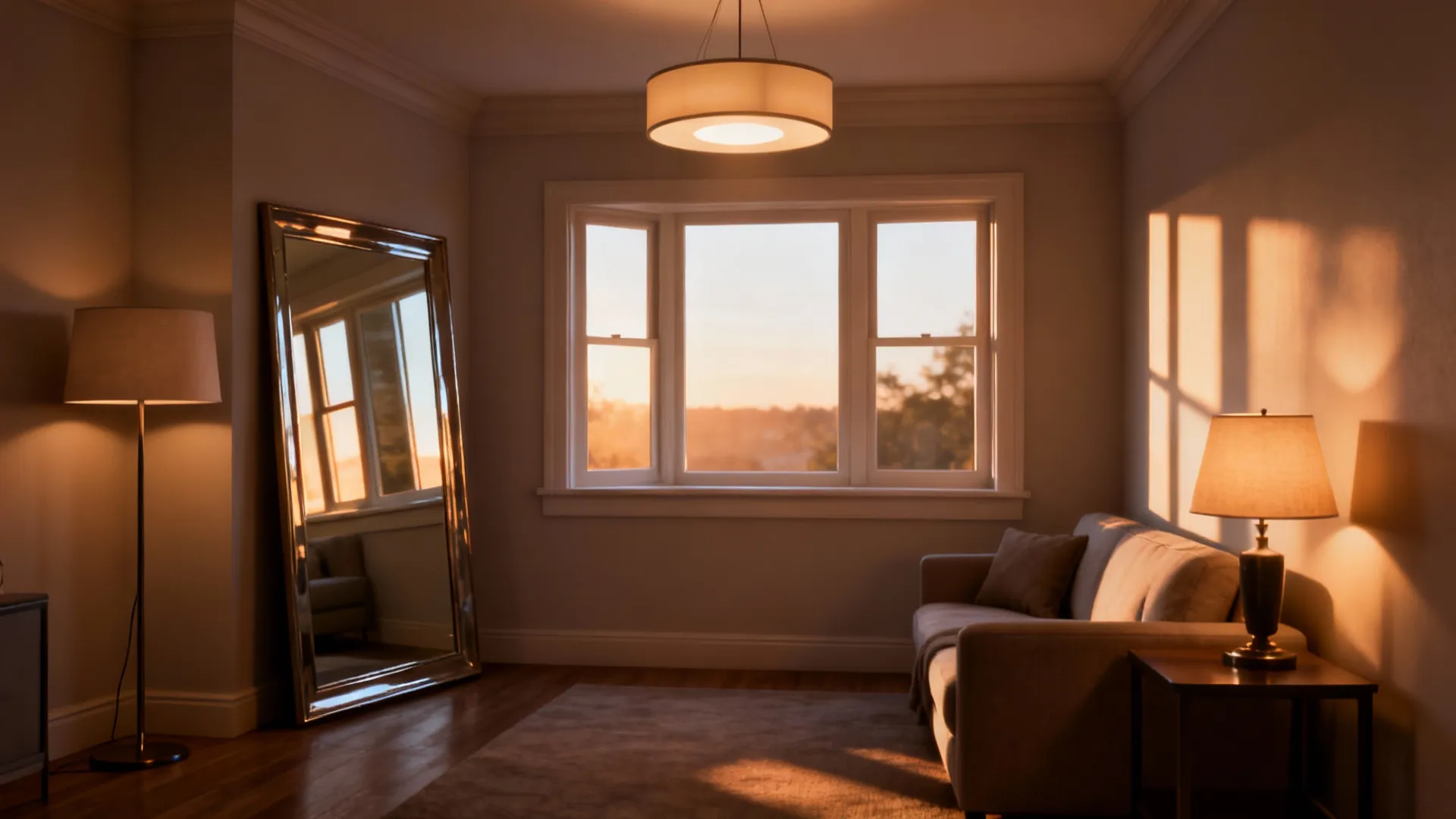 Warm living room featuring a floor mirror ceiling light table lamp and floor lamp at sunset