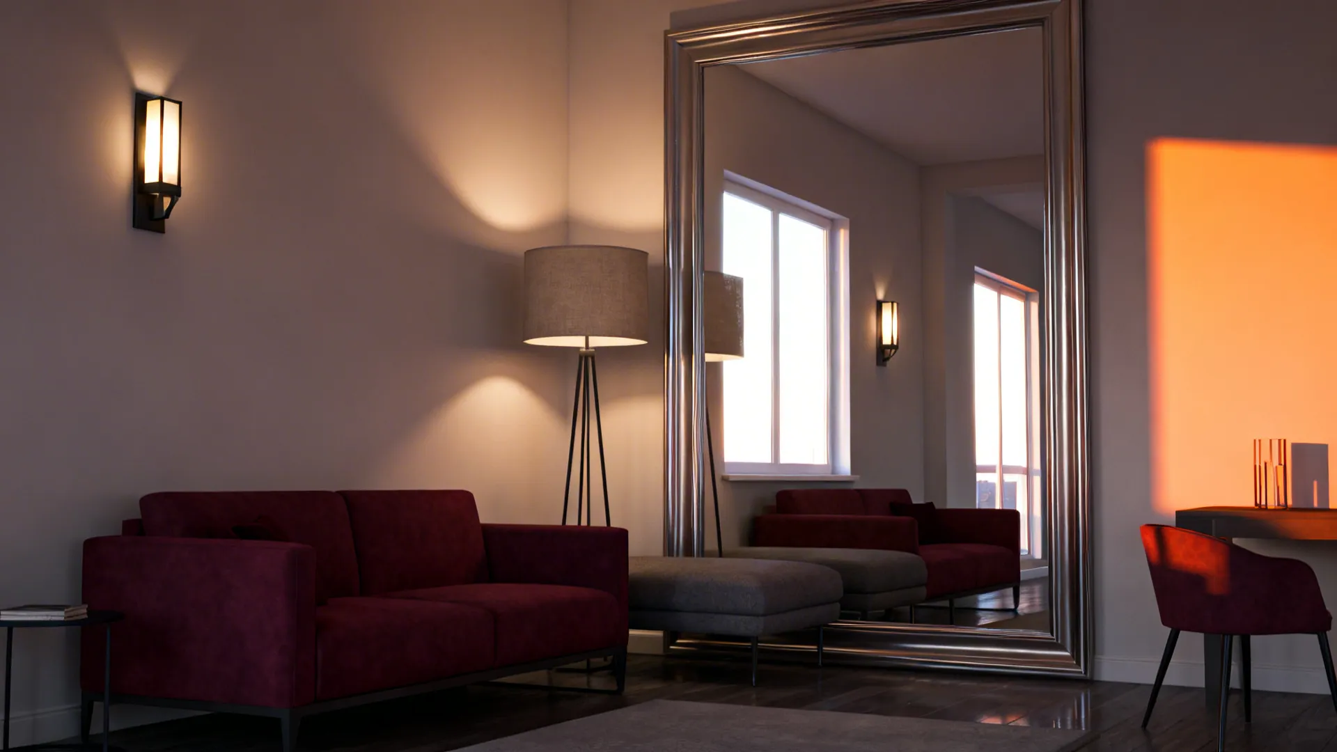 Living room with layered lighting and a mirror reflecting natural light to brighten the space.