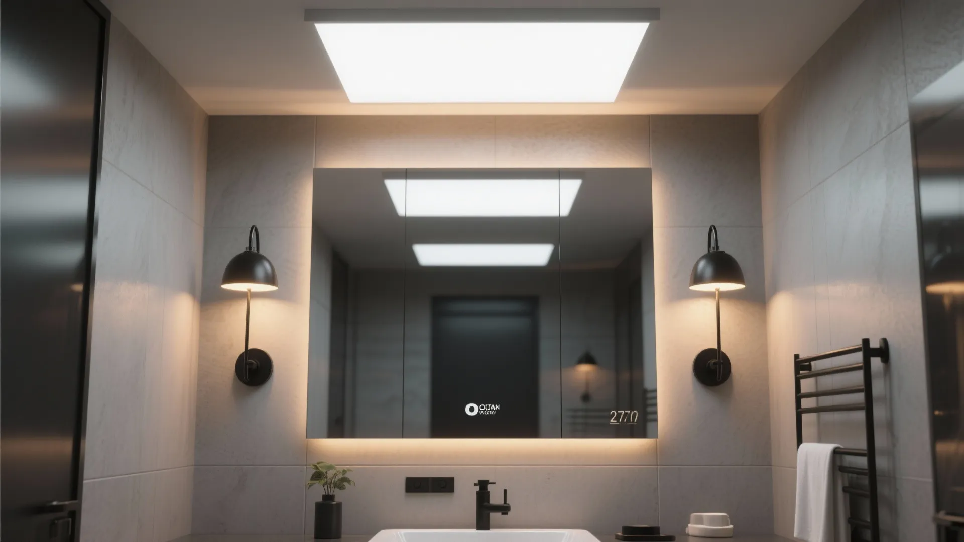 Grey bathroom interior with a glowing smart mirror two black wall lights and large ceiling light