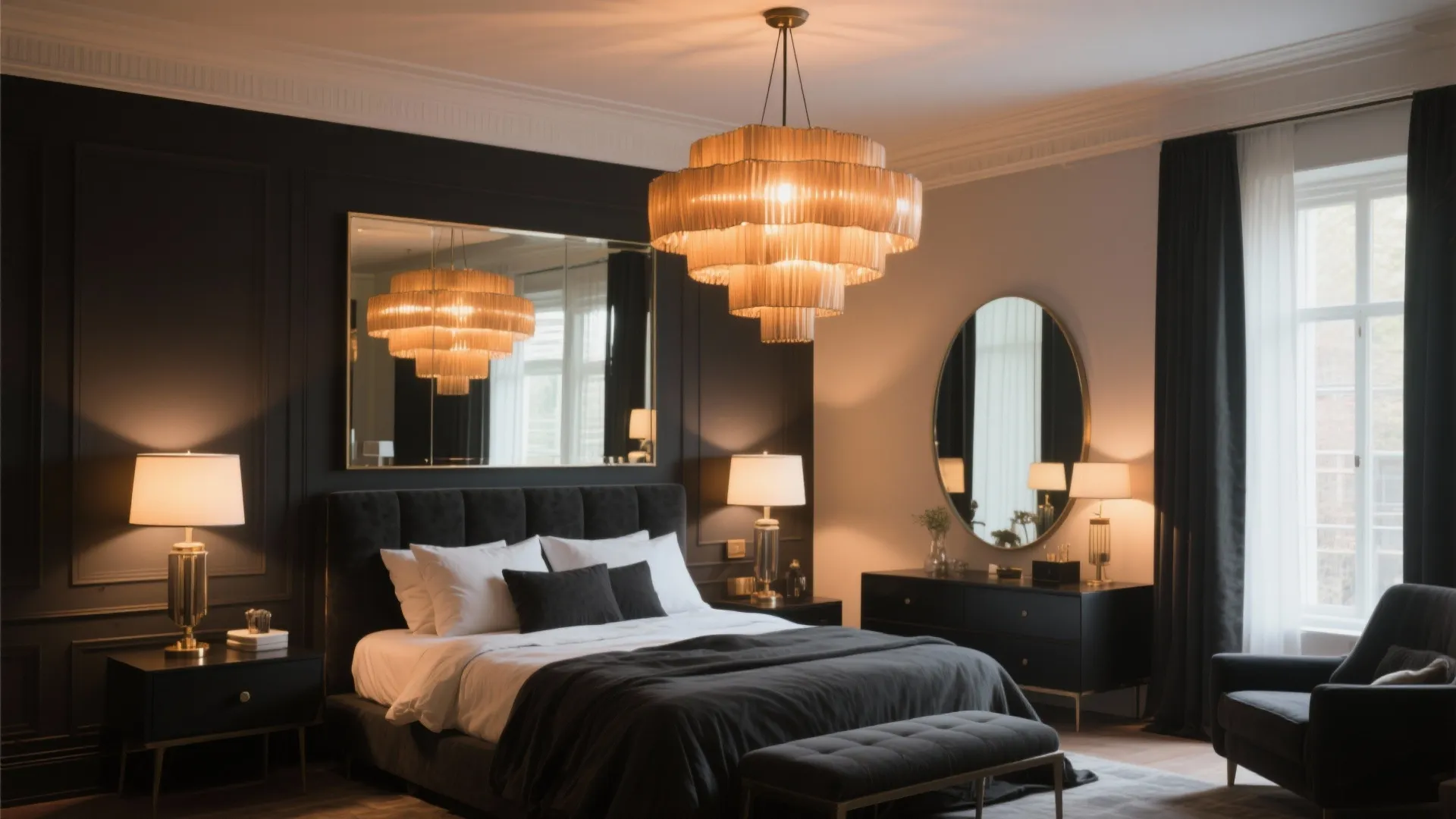 Elegant bedroom design with large gold ceiling light round wall mirror and dark grey furniture