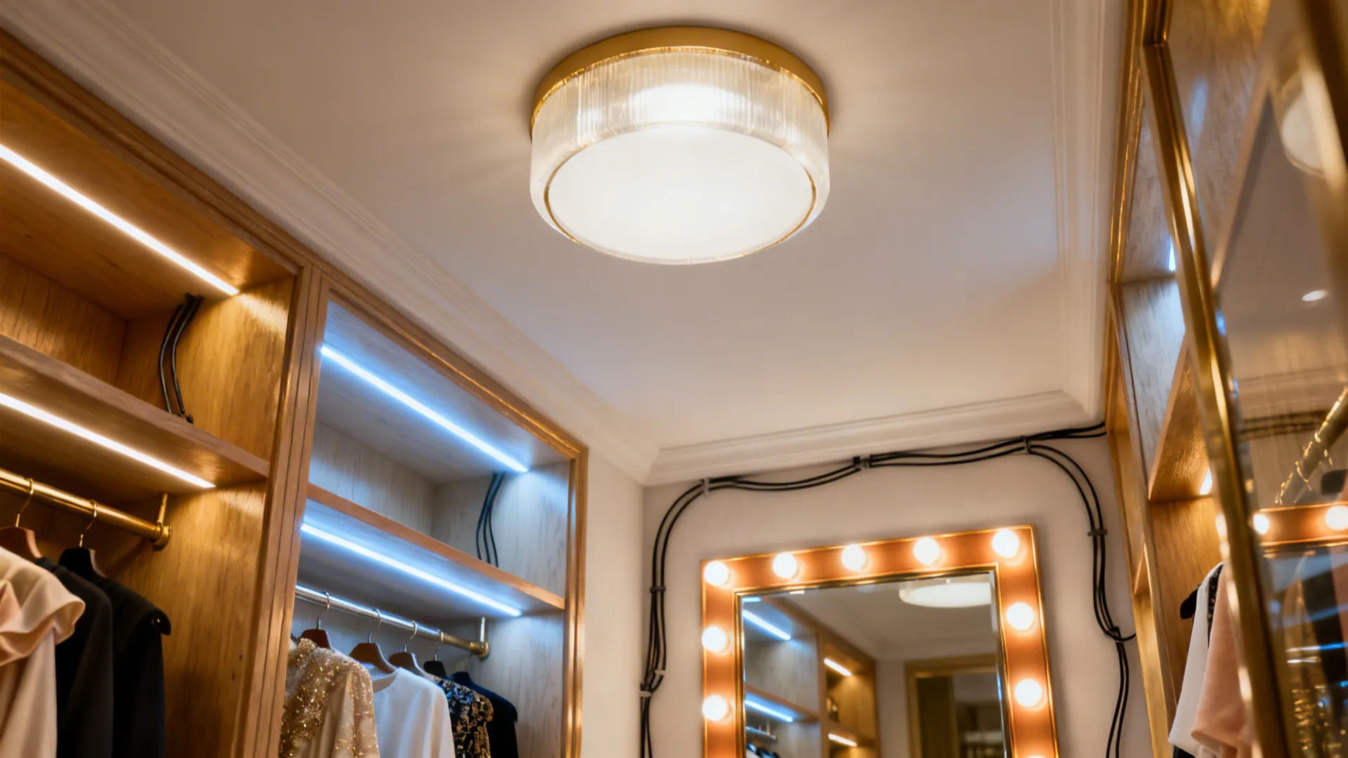 Vanity lighting and LED wardrobe strips creating a boutique dressing room ambiance
