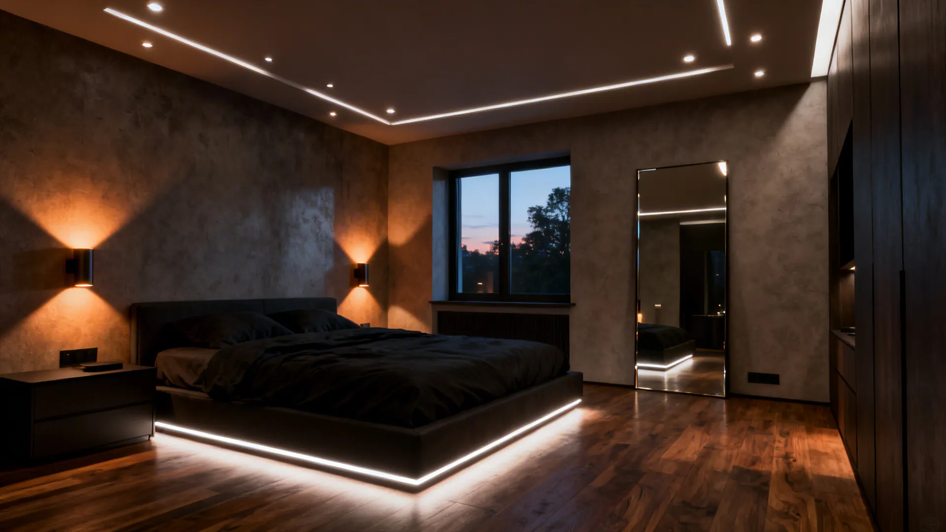 Dark modern bedroom with LED ceiling light wall lights black bed mirror and wood floor