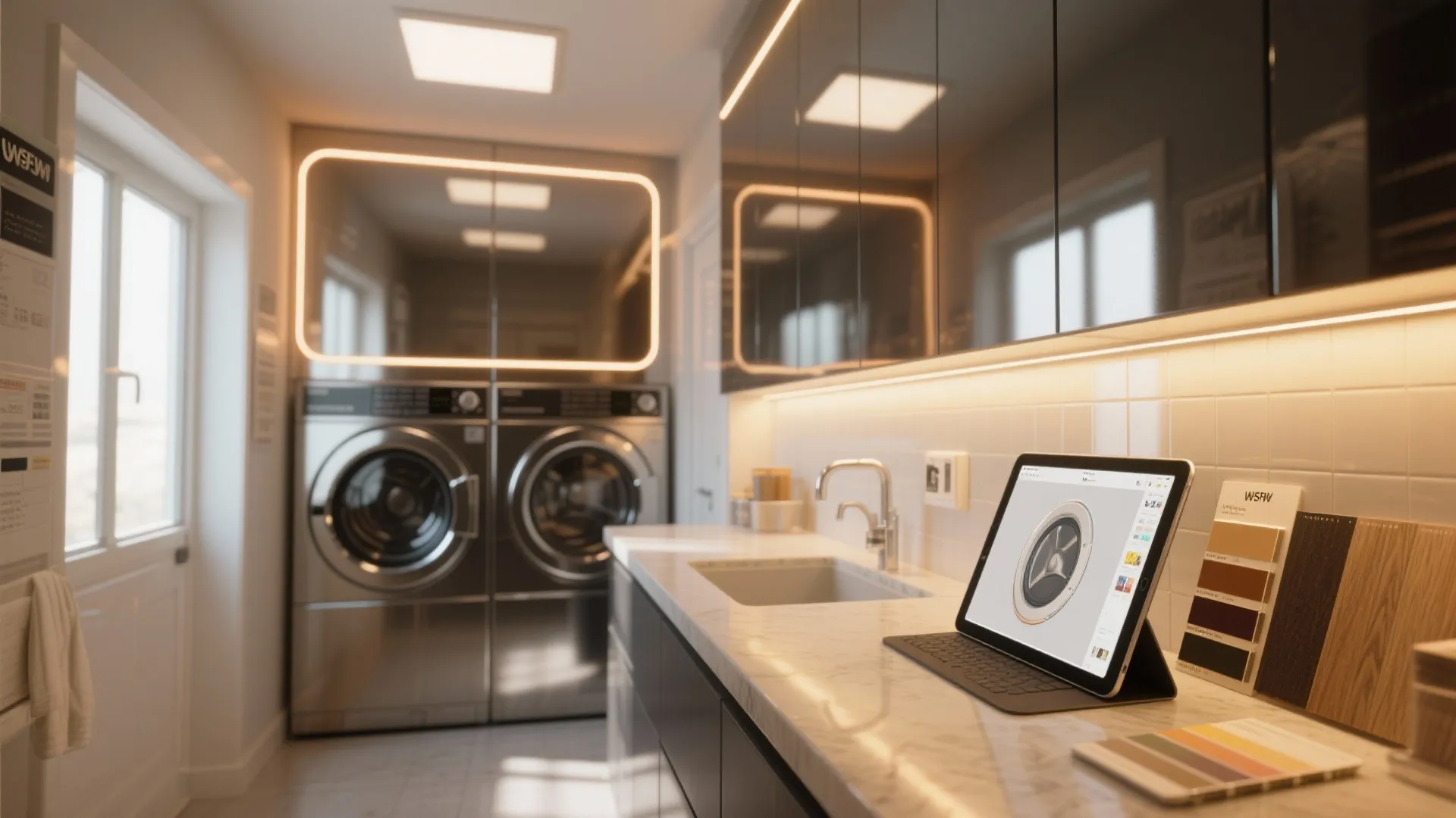 Modern laundry room featuring grey washing machines marble countertop digital tablet and warm led light fixtures