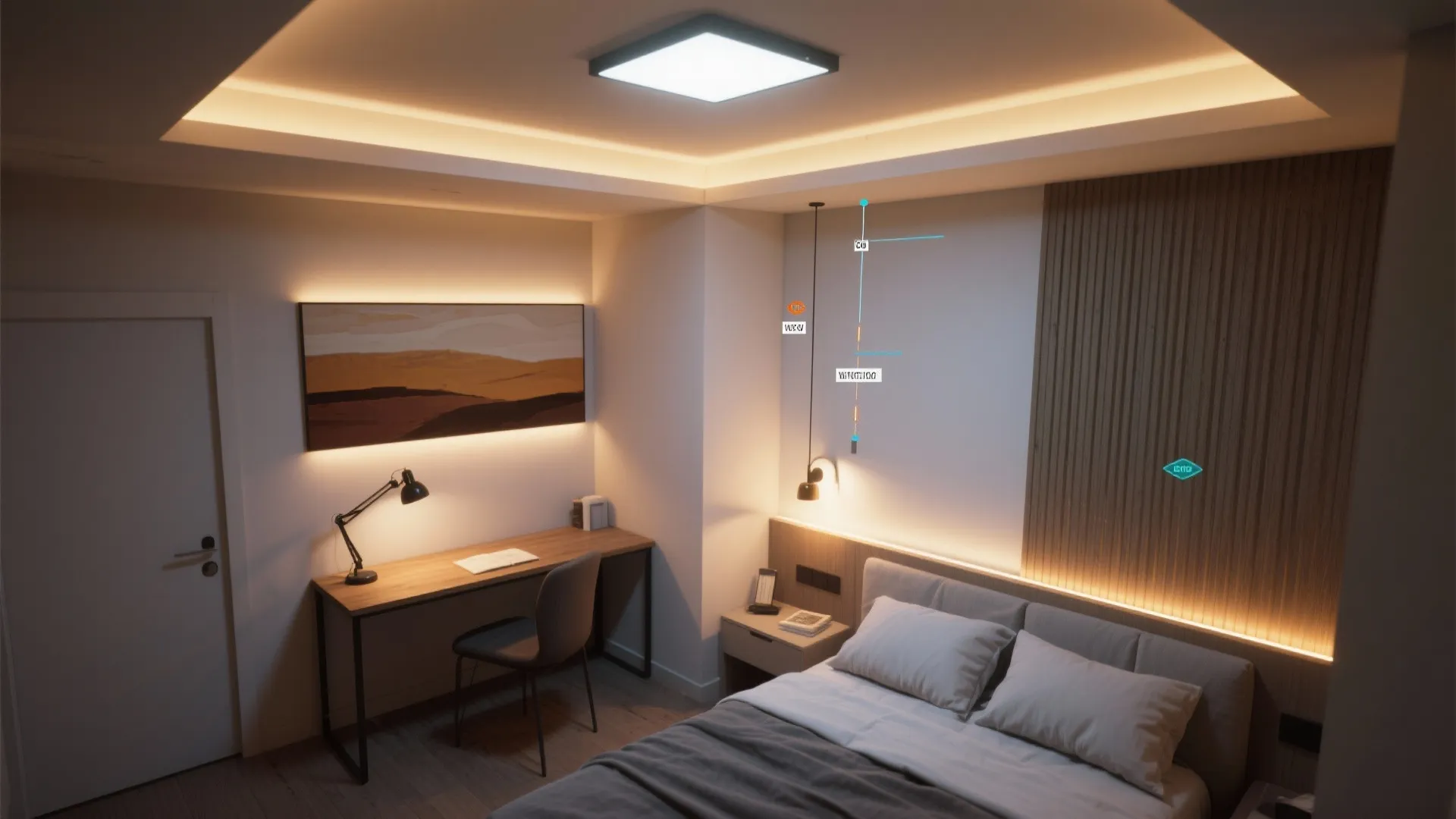 Modern bedroom interior design drawing with warm hidden lights square ceiling light and small work desk