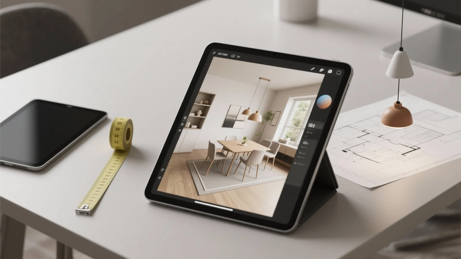 Tablet displaying interior design drawing of a dining area next to measuring tape and floorplan