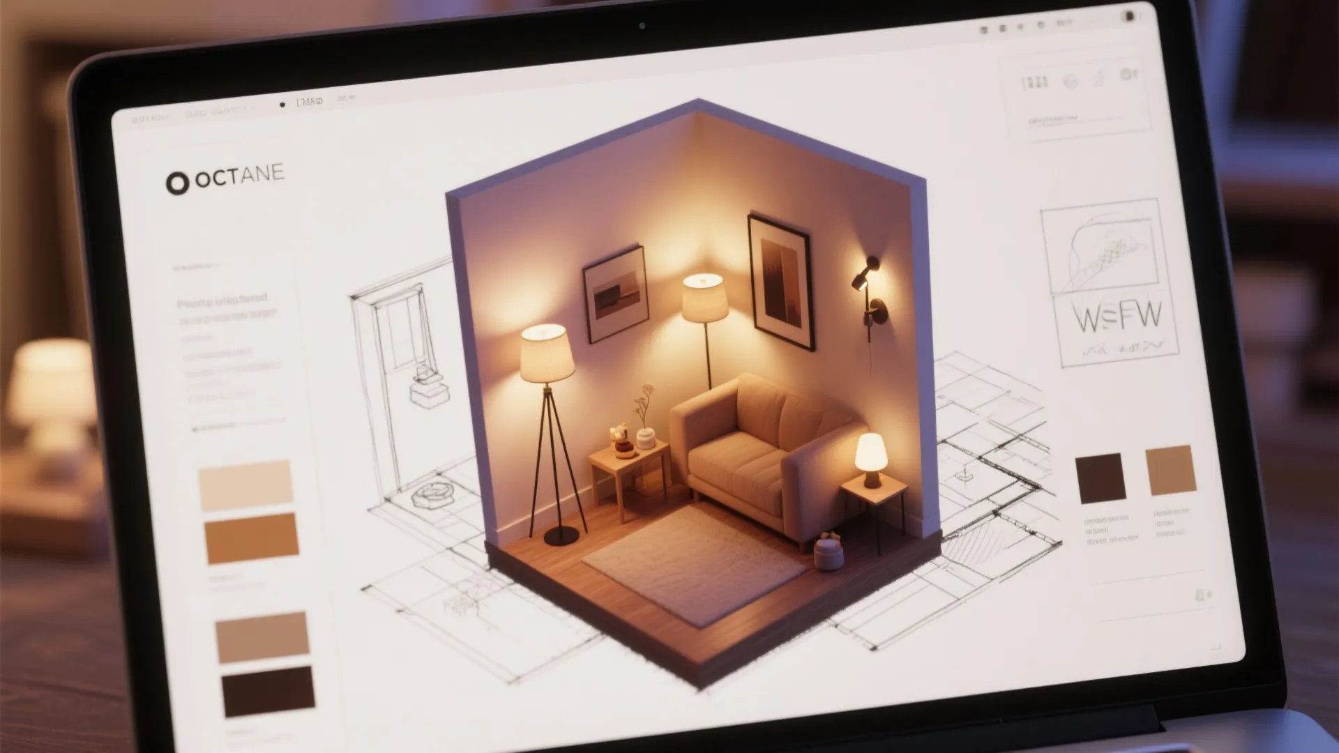 Top-down mockup showing lamp placements and sketches for visualizing room lighting.
