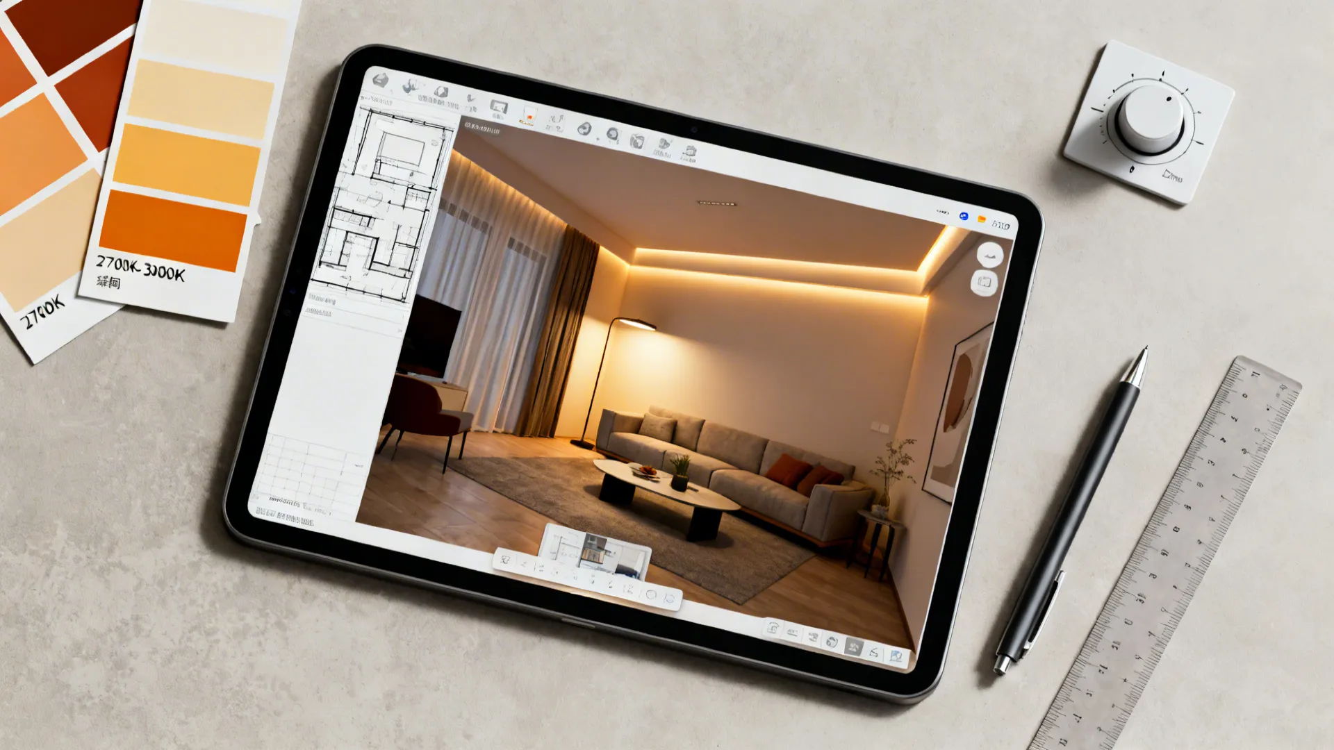 Top-down view of a digital 3D mockup and moodboard for corner lighting planning