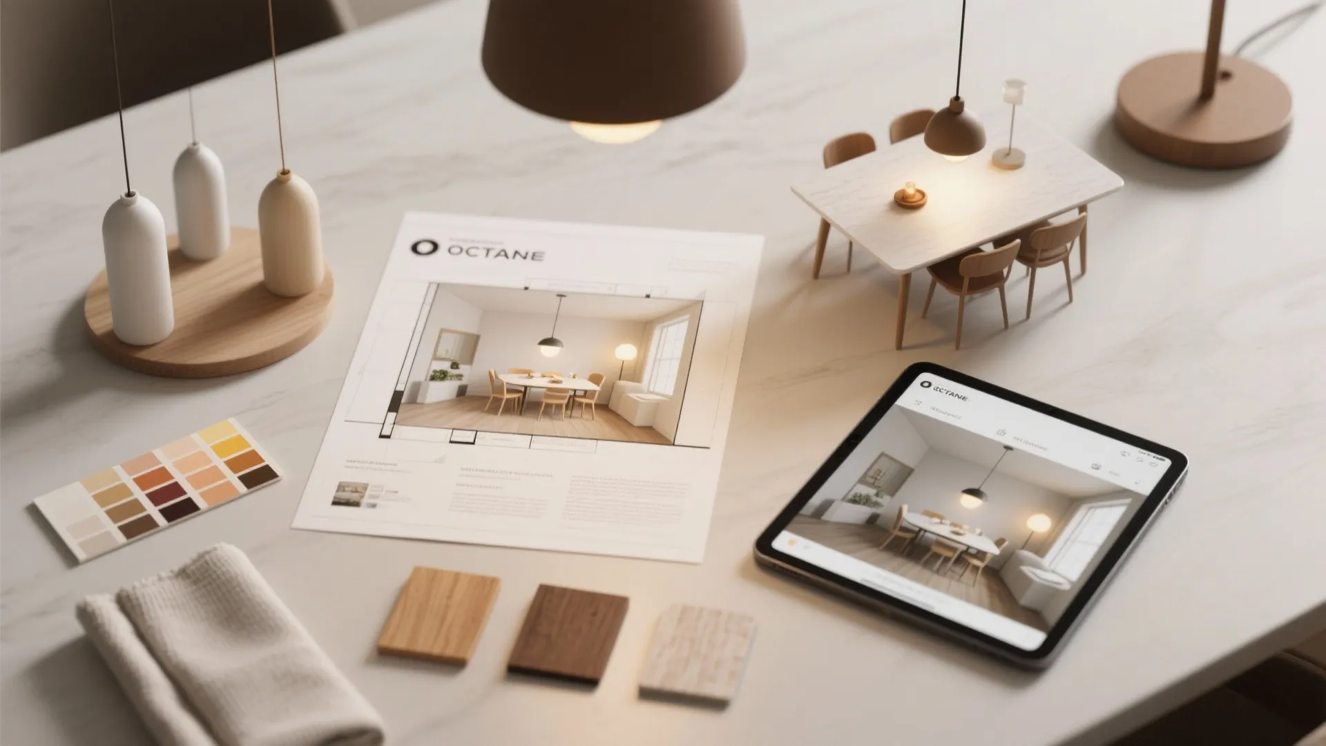Top-down flatlay of a lighting mock-up kit with room plan, fixture samples, swatches, and a tablet showing a 3D mock-up.