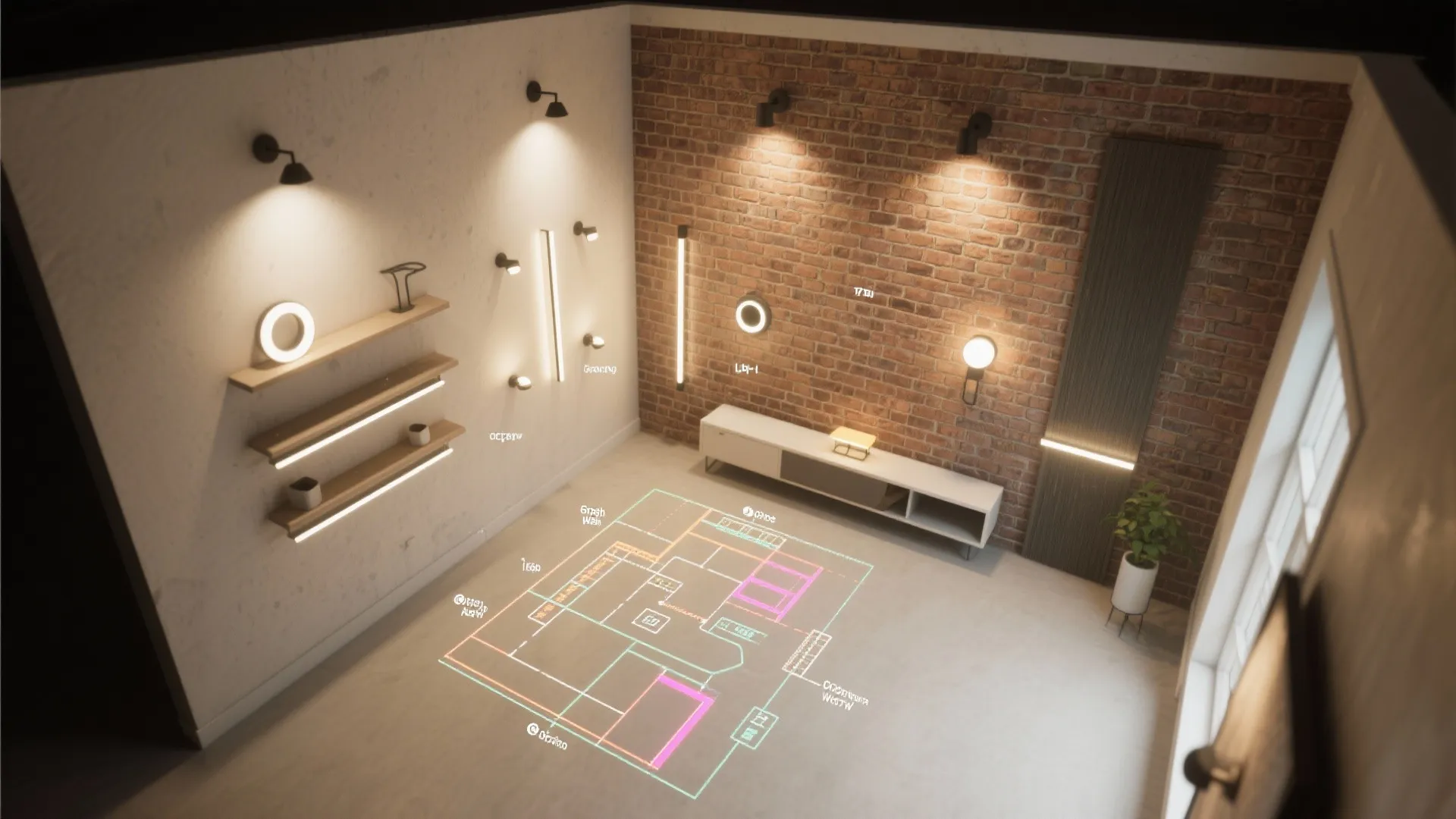 Modern interior design drawing showing various light fixtures on brick walls and a floor plan