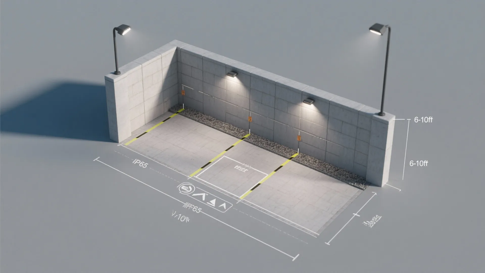 Top-down 3D mockup plan showing fixture placement, spacing guidelines, and zones for a retaining wall lighting scheme.