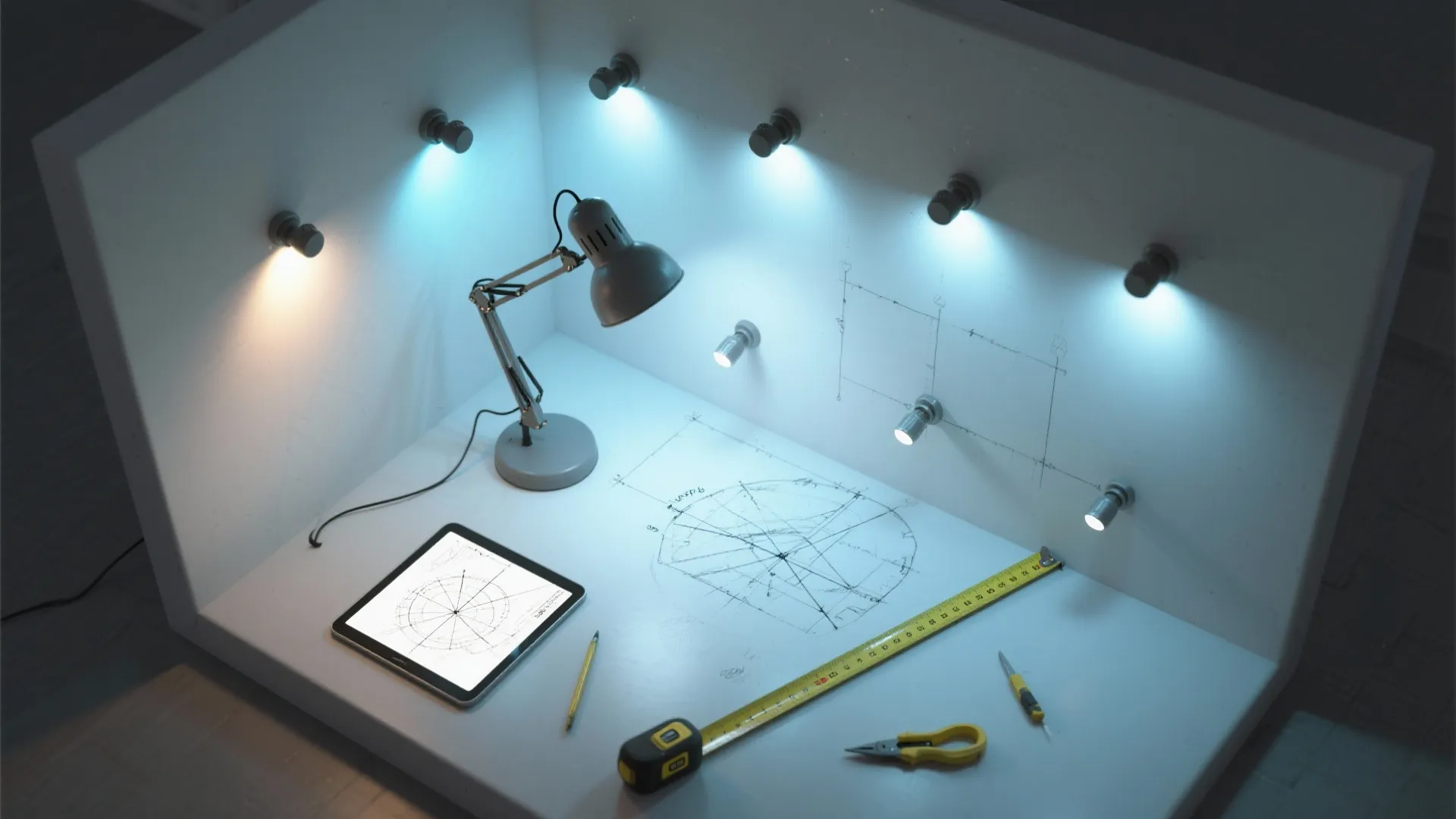 Workstation with desk lamp and tablet showing interior design drawing plans under multiple small light fixtures