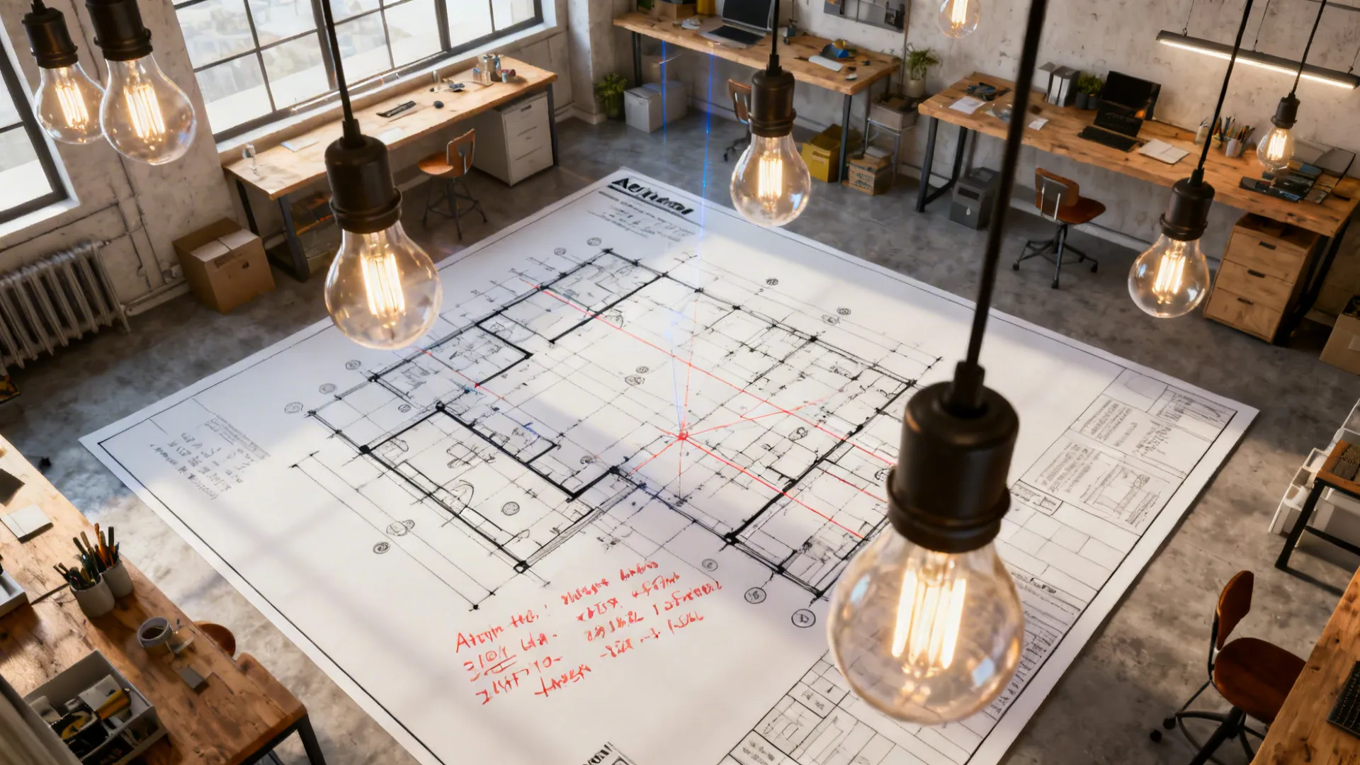 Top-down scene showing temporary hanging bulbs and a 3D floor planner for fixture placement testing.