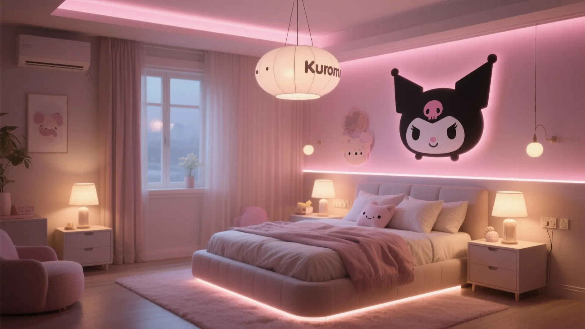 Pink themed bedroom with glowing wall panel light plus ceiling light and cozy white double bed