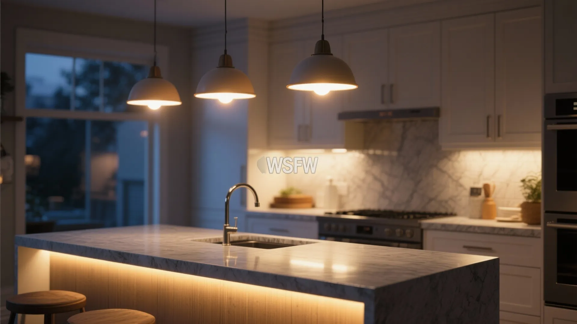 Modern kitchen with marble island three ceiling lights warm cabinet lighting and white storage cupboard cabinets