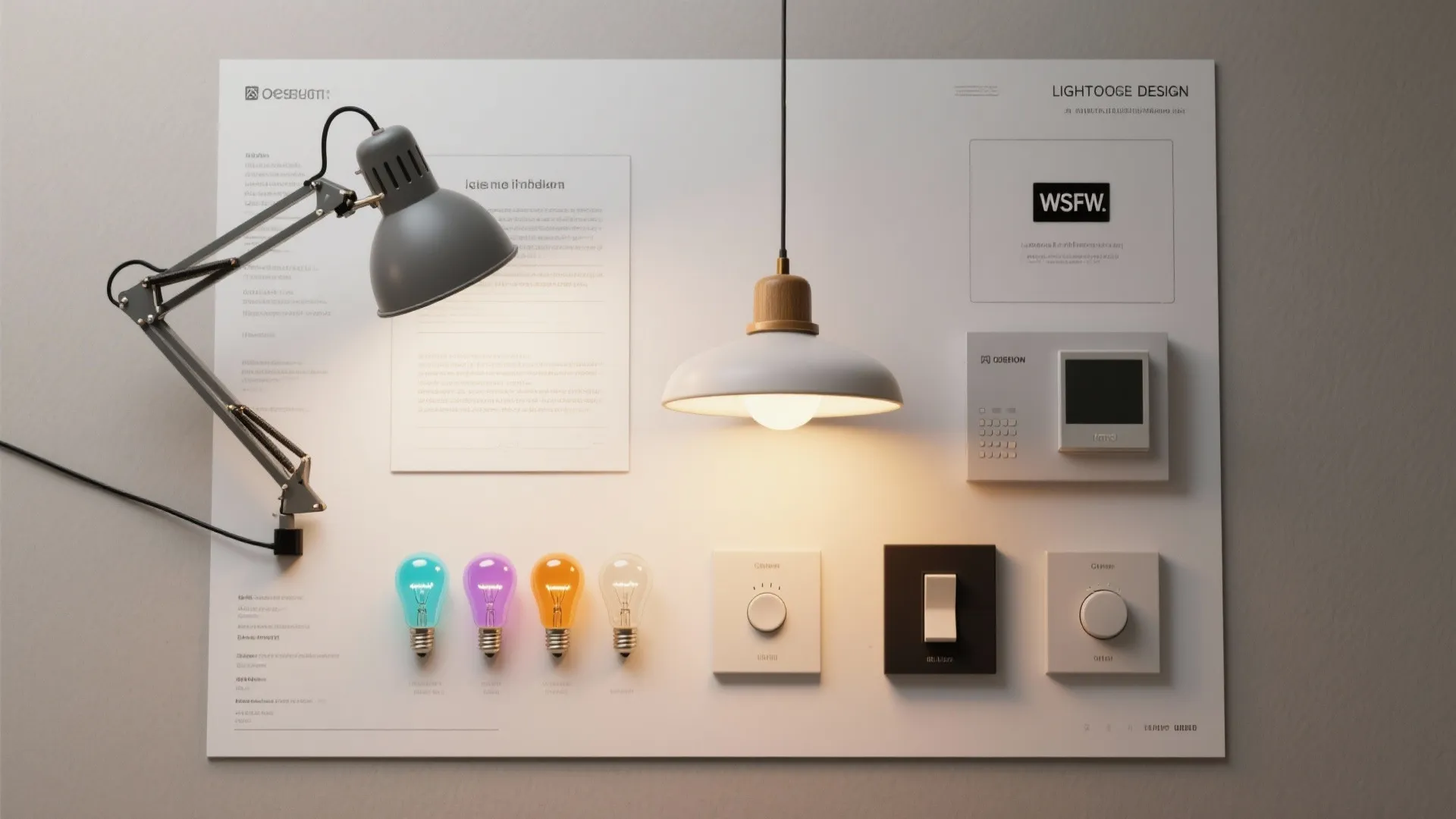 Flat lay of lighting moodboard with various fixtures and bulbs
