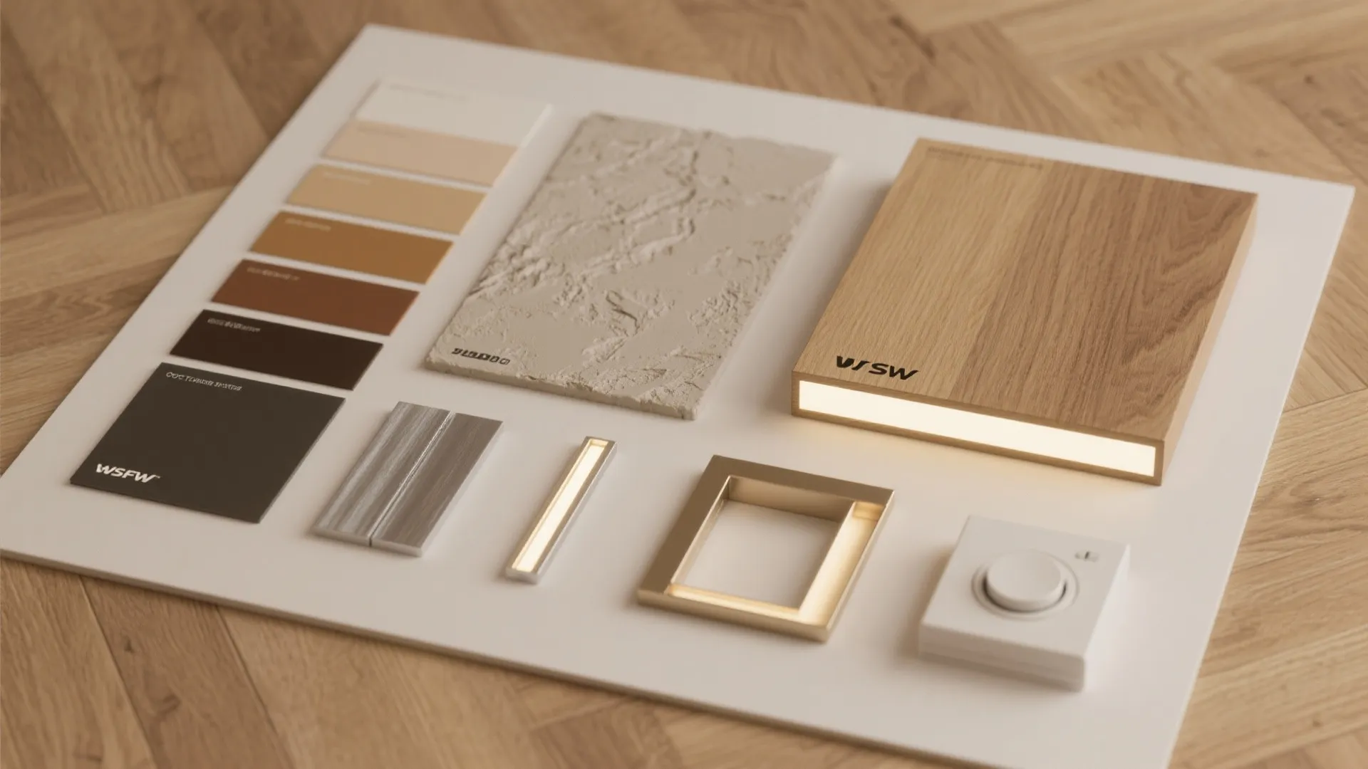 Moodboard flatlay with material samples, LED strip sample, and a dimmer module for hallway lighting planning.