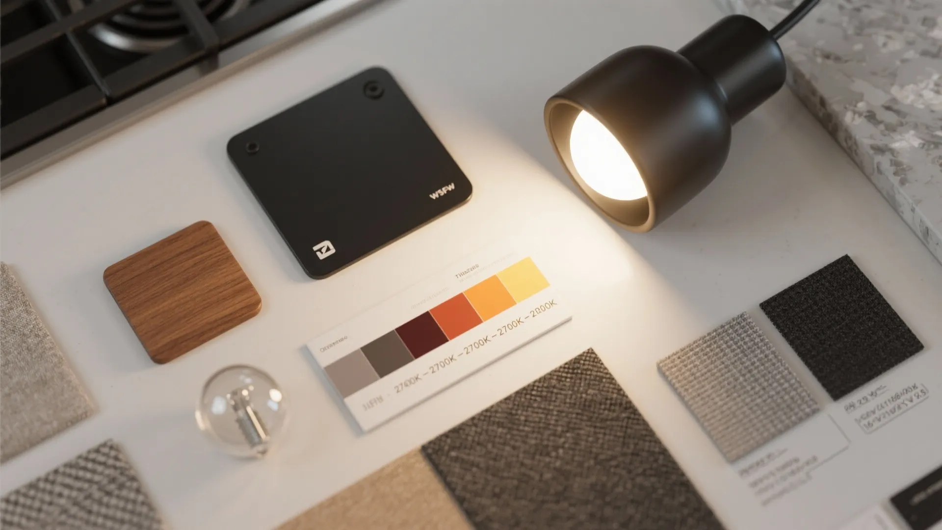 Interior design moodboard with black light fixture fabric swatches wood samples and color temperature guide