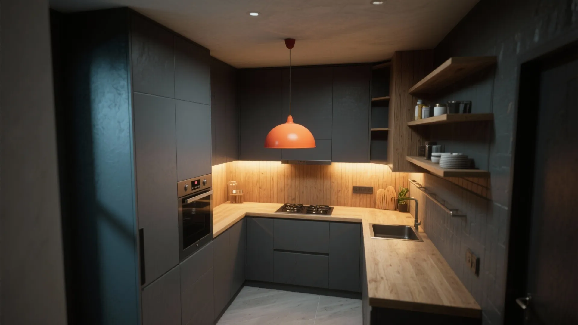 5. High-contrast lighting and open shelving