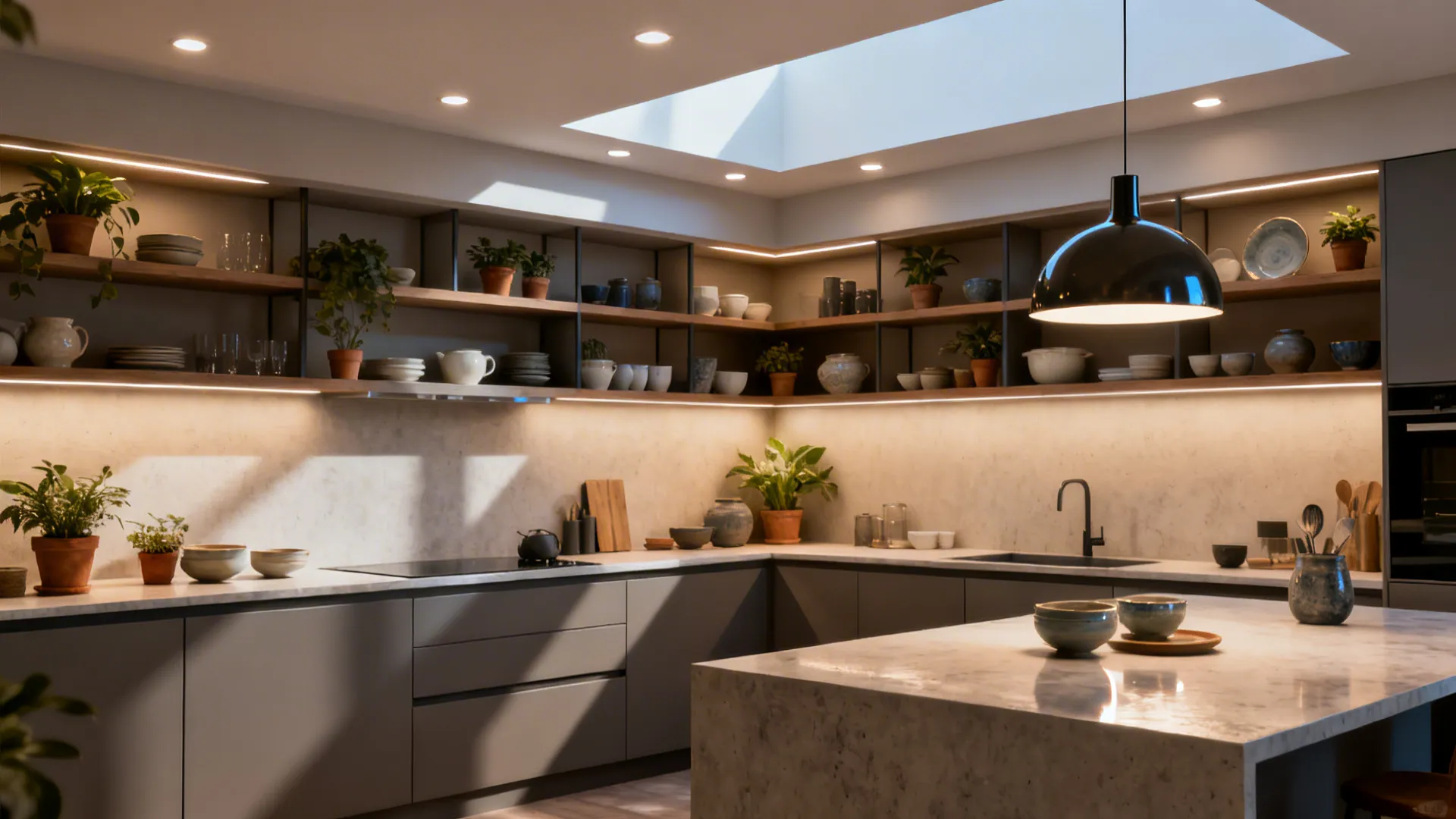L-shaped kitchen with layered lighting and open shelves styled with ceramics and plants.