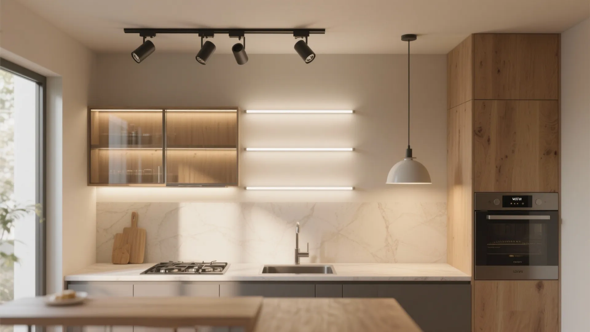 Modern kitchen with black ceiling lights wooden cabinets white marble backsplash and warm under cabinet lighting