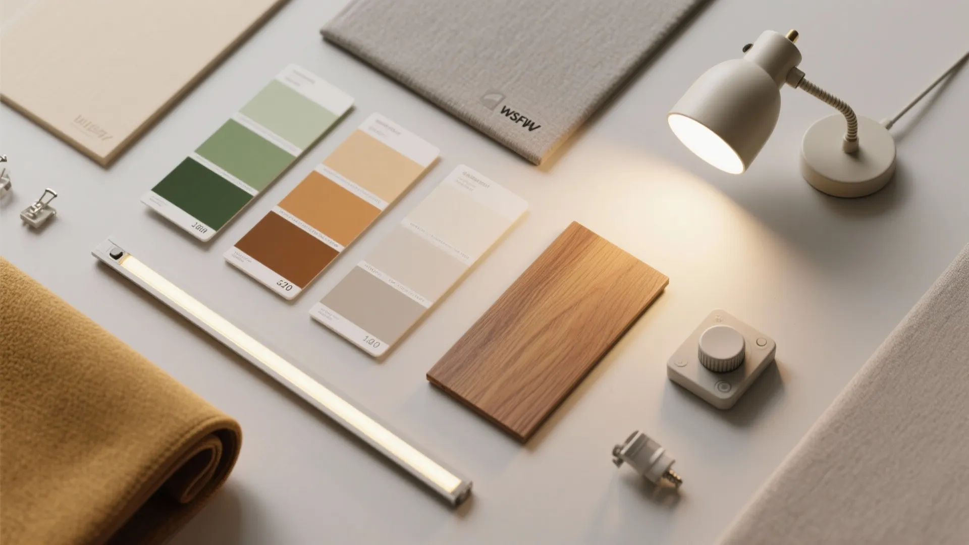 Interior design mood board with color swatches wood sample light fixture desk lamp and fabric