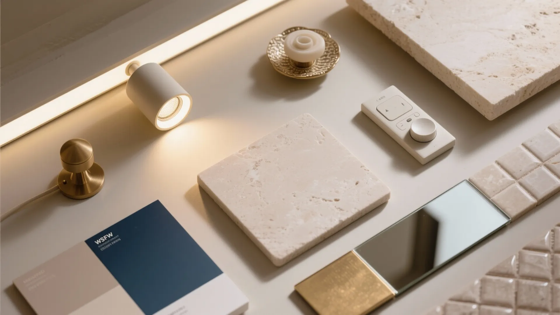 Interior design material board with stone tiles light fixture brass hardware and color swatches display