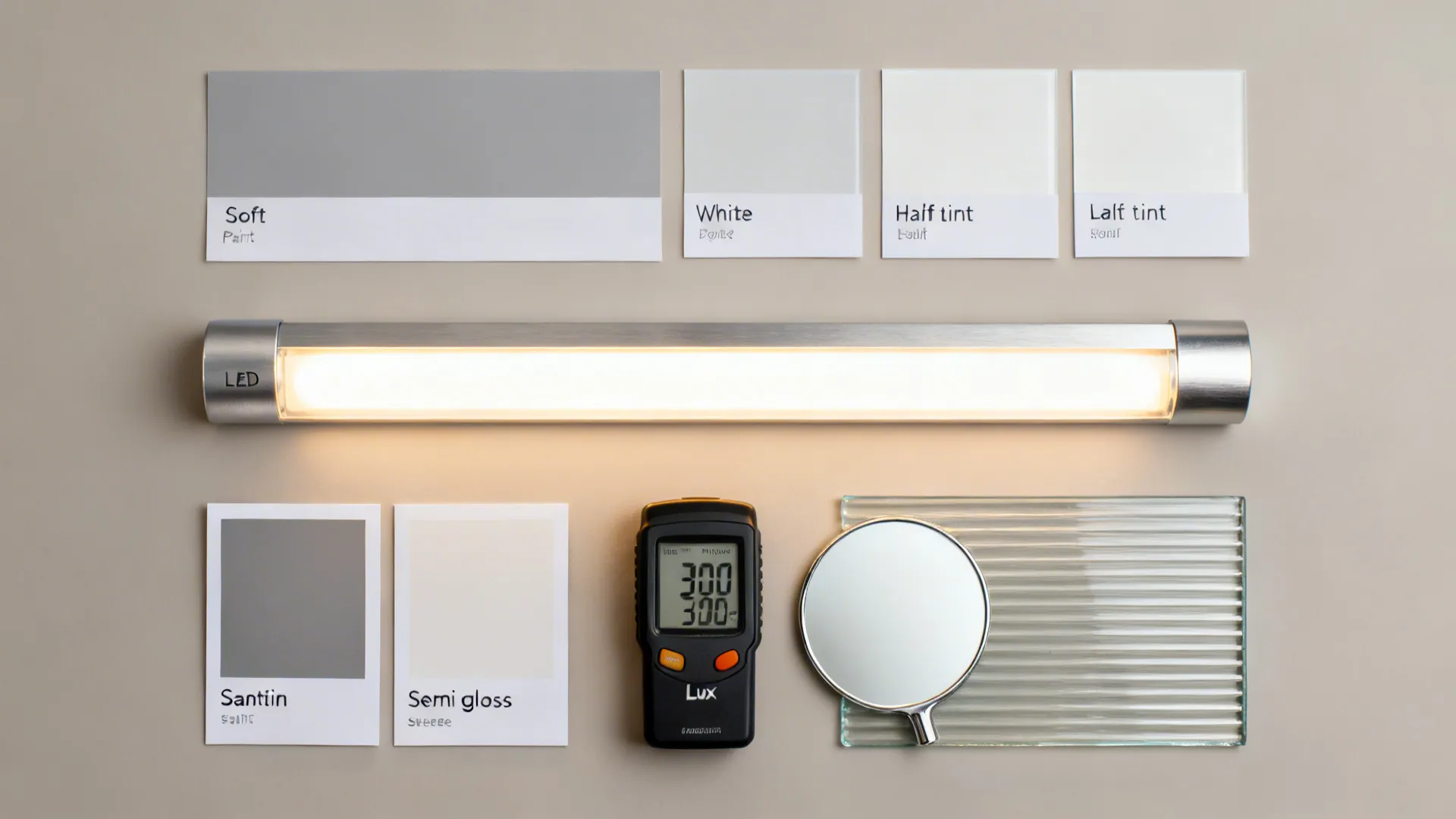Long LED light fixture with white paint swatches, a light meter, mirror, and glass sample