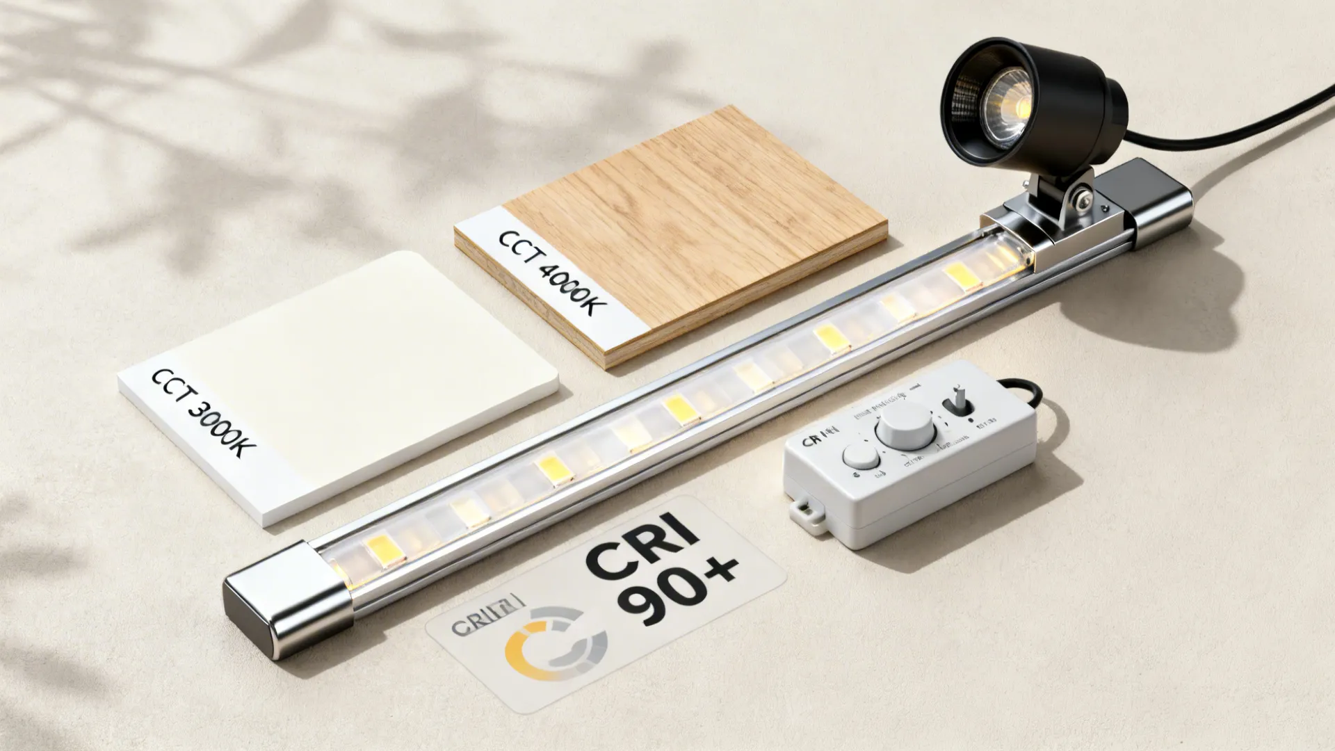 Interior design layout showing light strip wall light controller and wood samples for home lighting