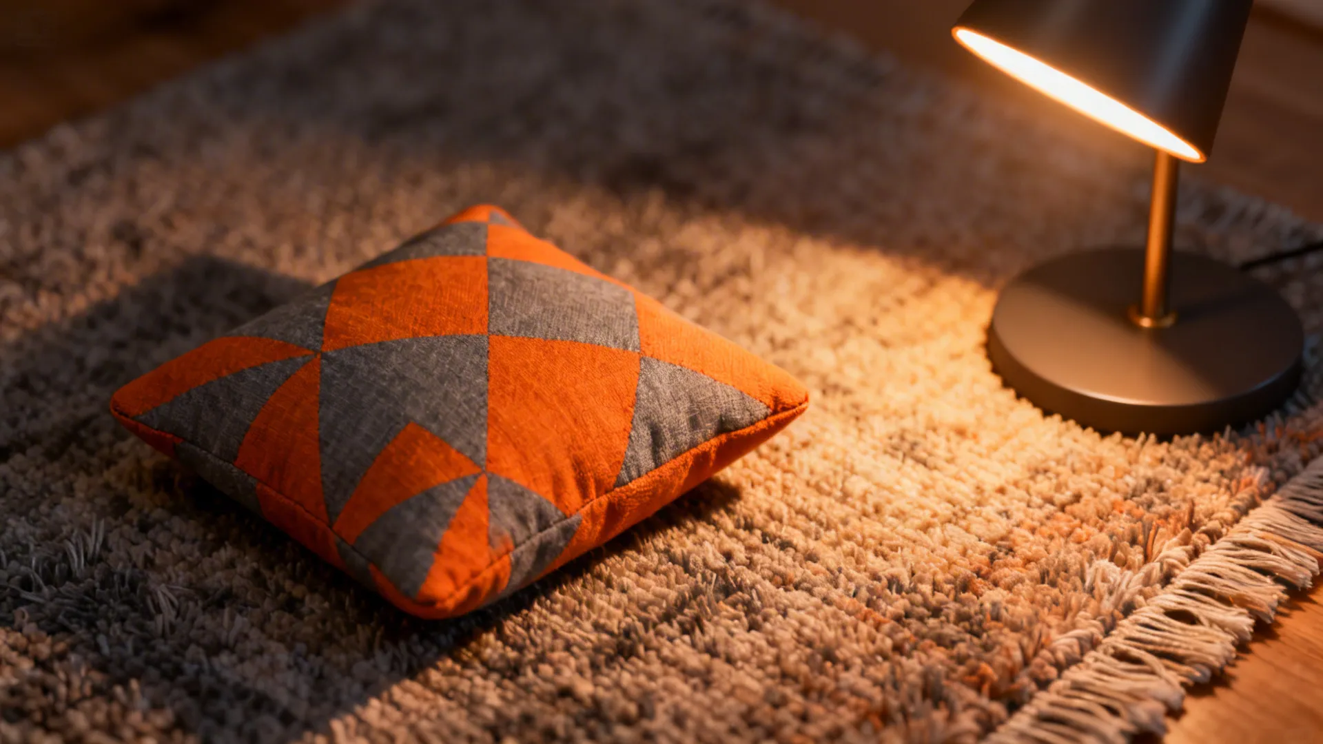 Close-up of geometric cushion in burnt orange and gray lit by a warm LED floor lamp.