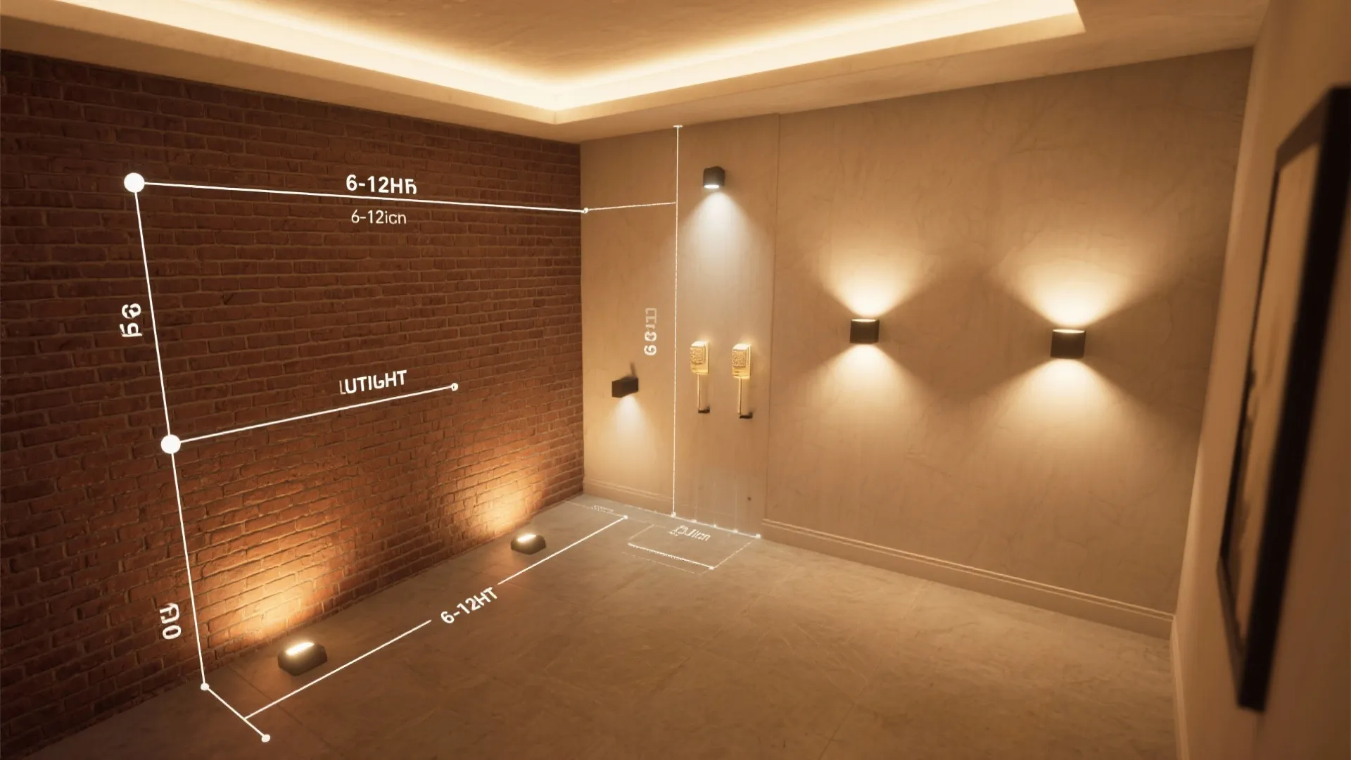 Top-down guide illustrating uplight and grazing placement distances for brick walls.