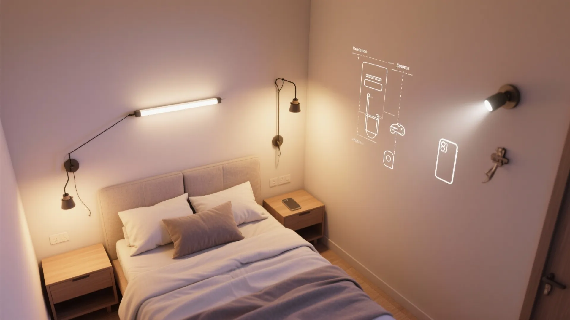 Top-down mockup showing wall lighting placement options for a very small bedroom.