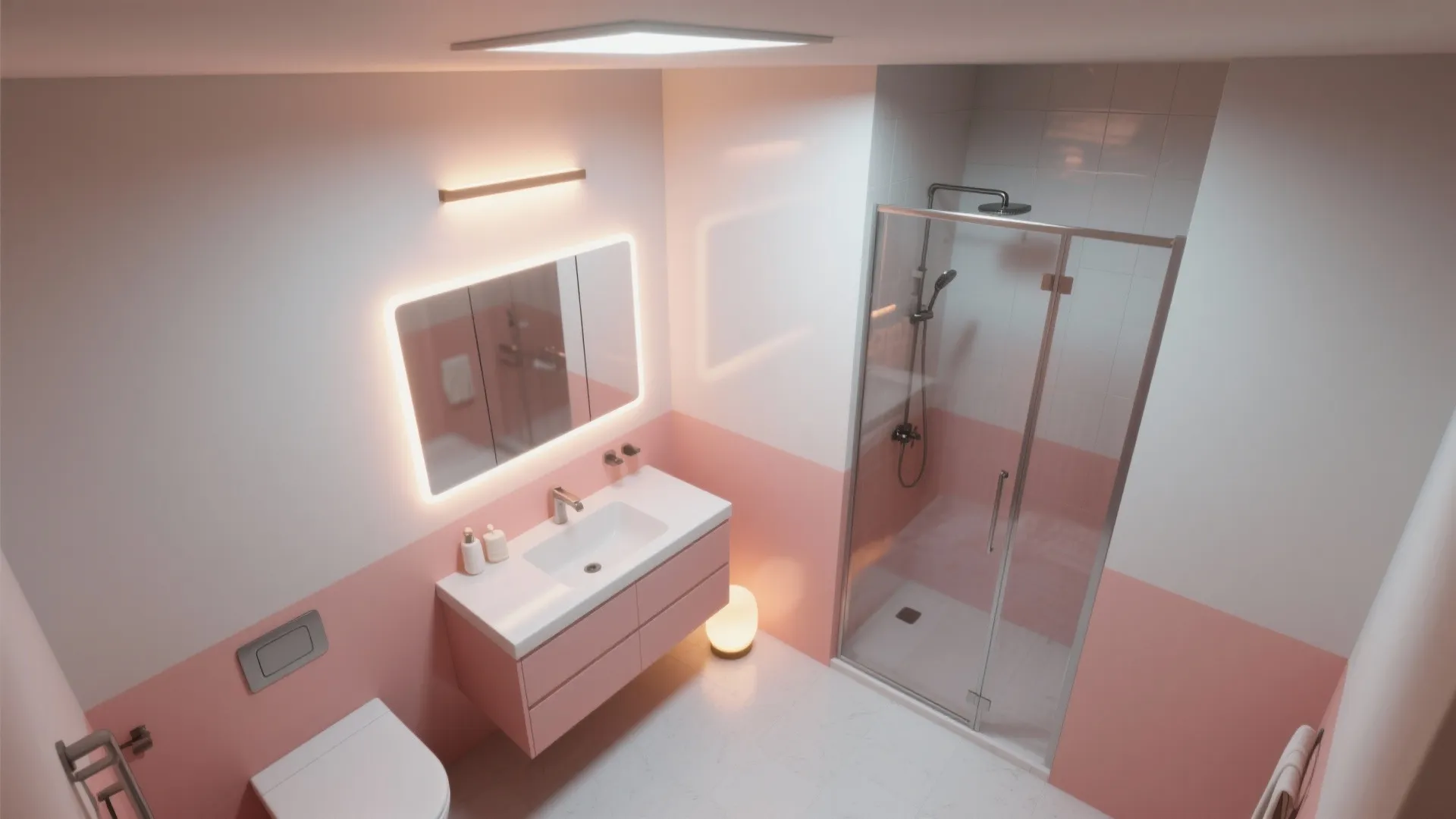 High angle bathroom view with pink wall panel glass shower white toilet and bright light fixtures
