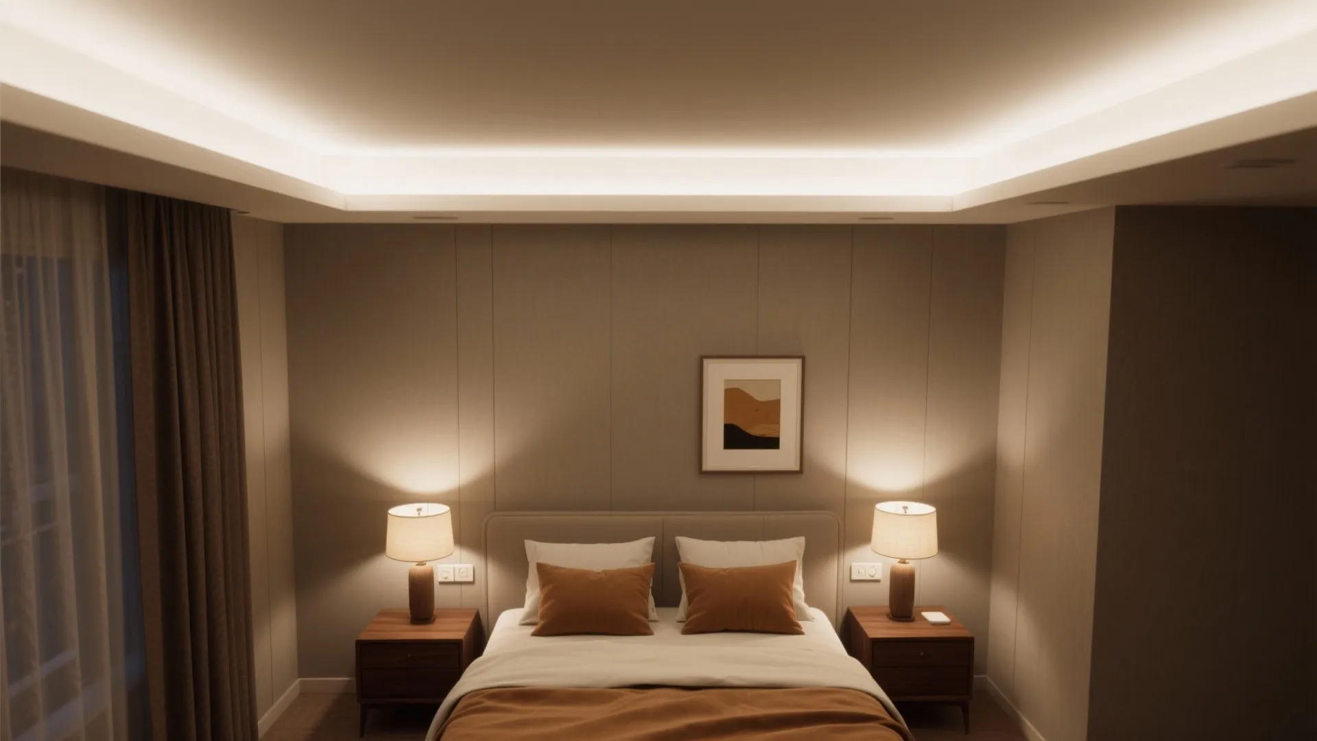Modern bedroom with warm ceiling light hidden in tray ceiling and two symmetrical bedside lamps