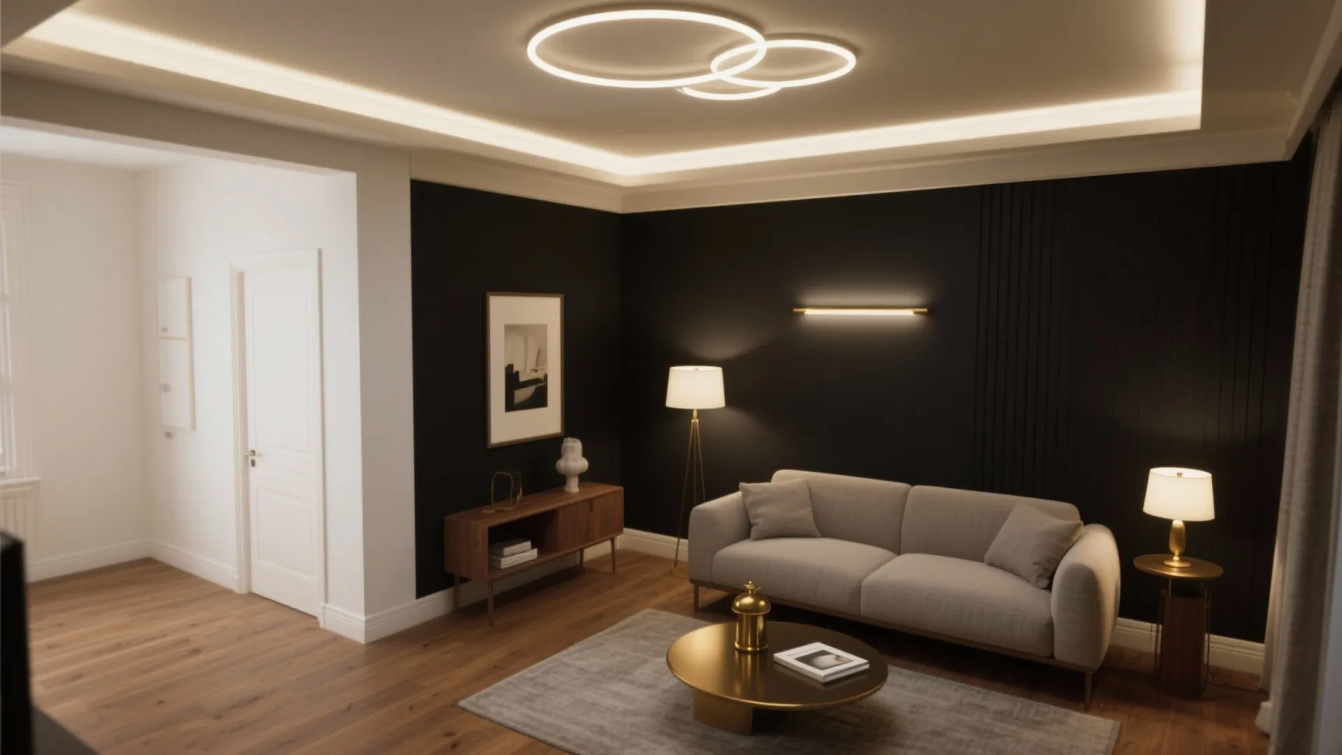 Modern living room featuring black wall white sofa round ceiling light floor lamp wooden cabinet