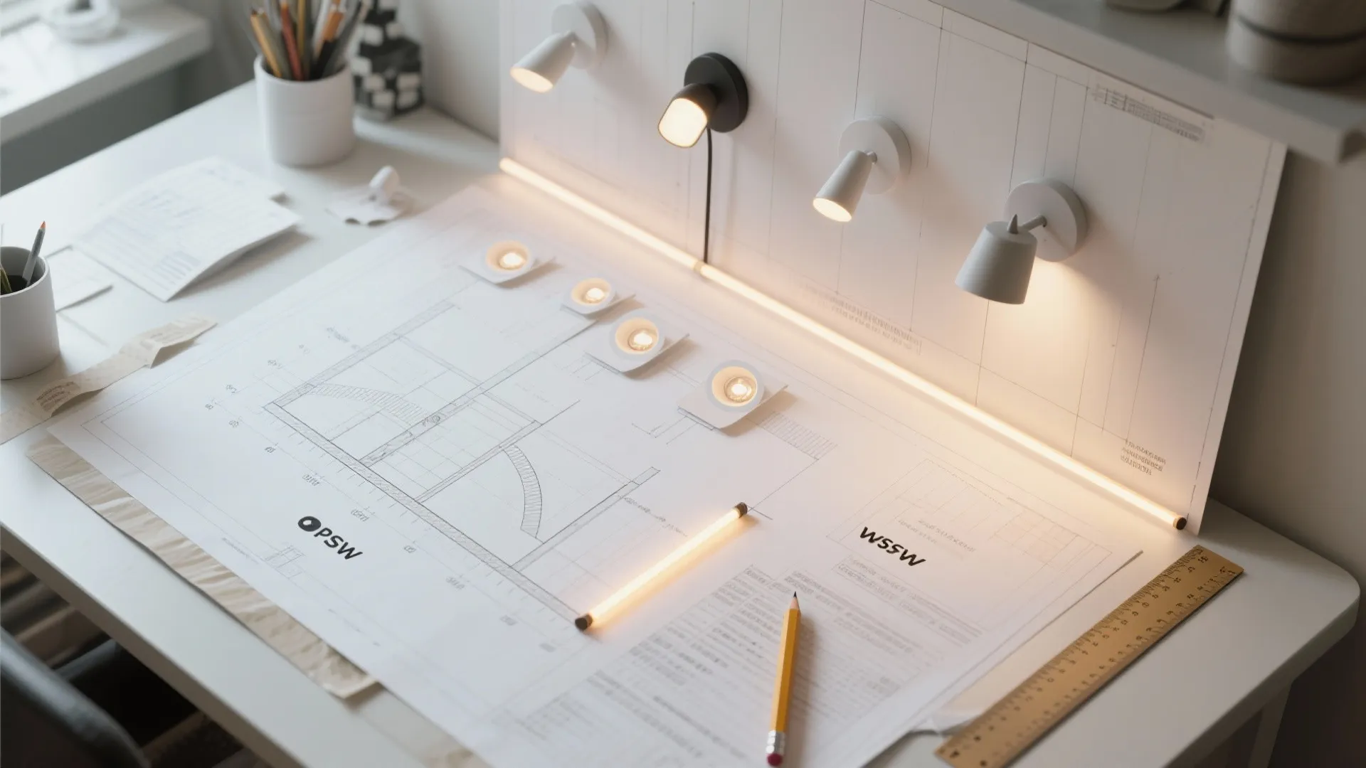Interior design drawing on a white desk with pencils and various small white light fixtures