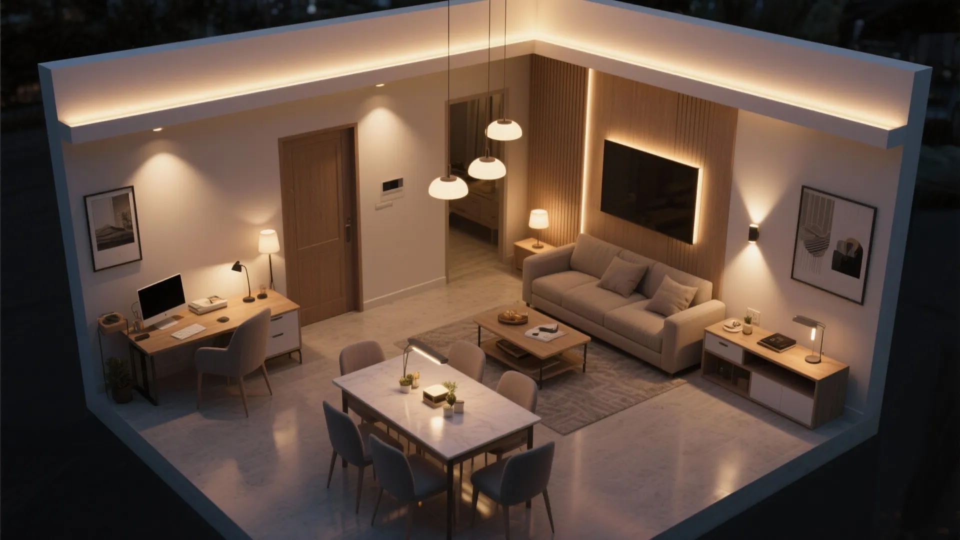 Layered lighting to stretch a 2 BHK visually
