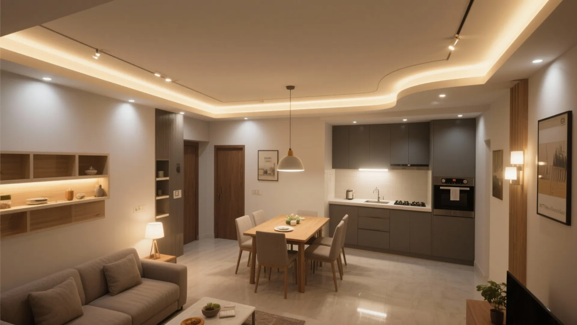 Modern open plan living area with dining table grey kitchen cabinets hidden ceiling lights and sofa