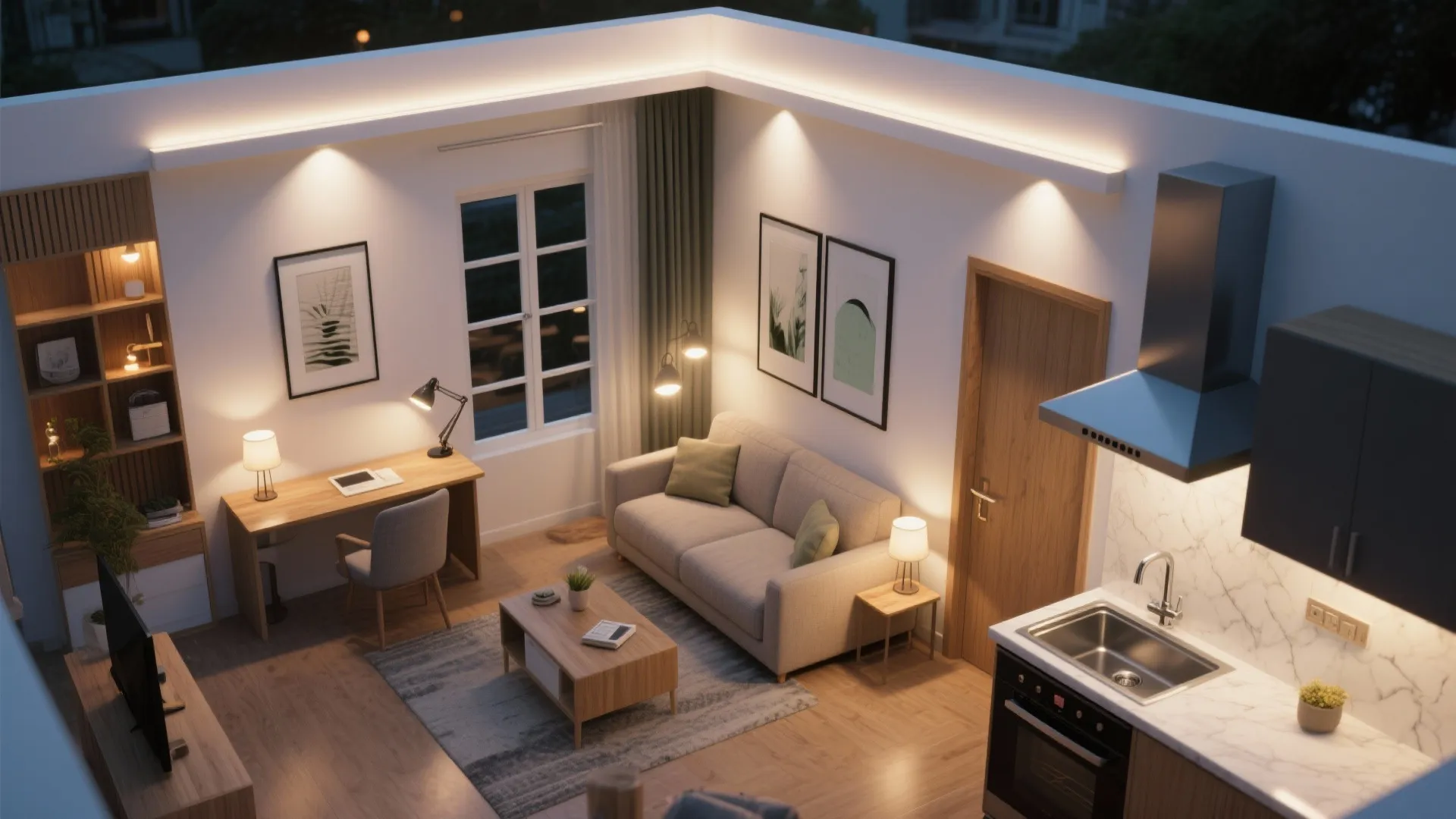 Top down interior design drawing of a studio apartment showing living area kitchen and workspace