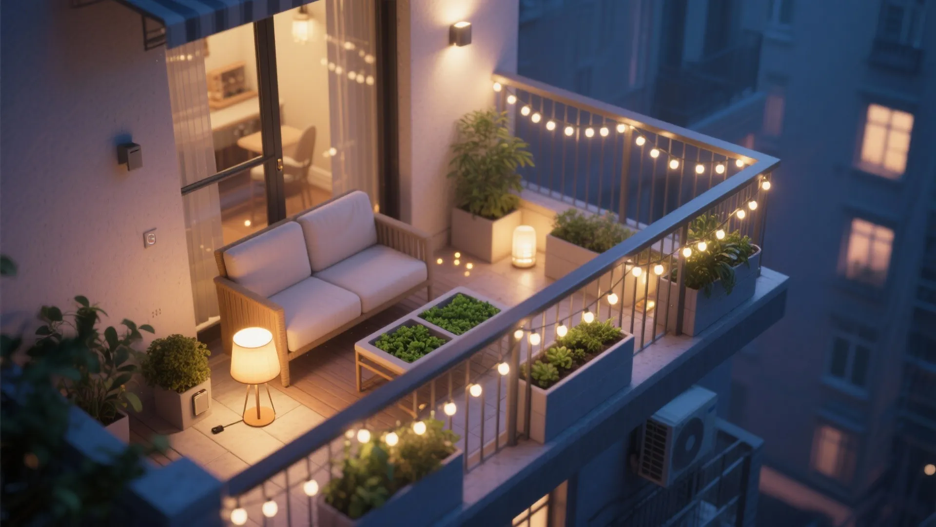Layered balcony lighting and micro-greens garden