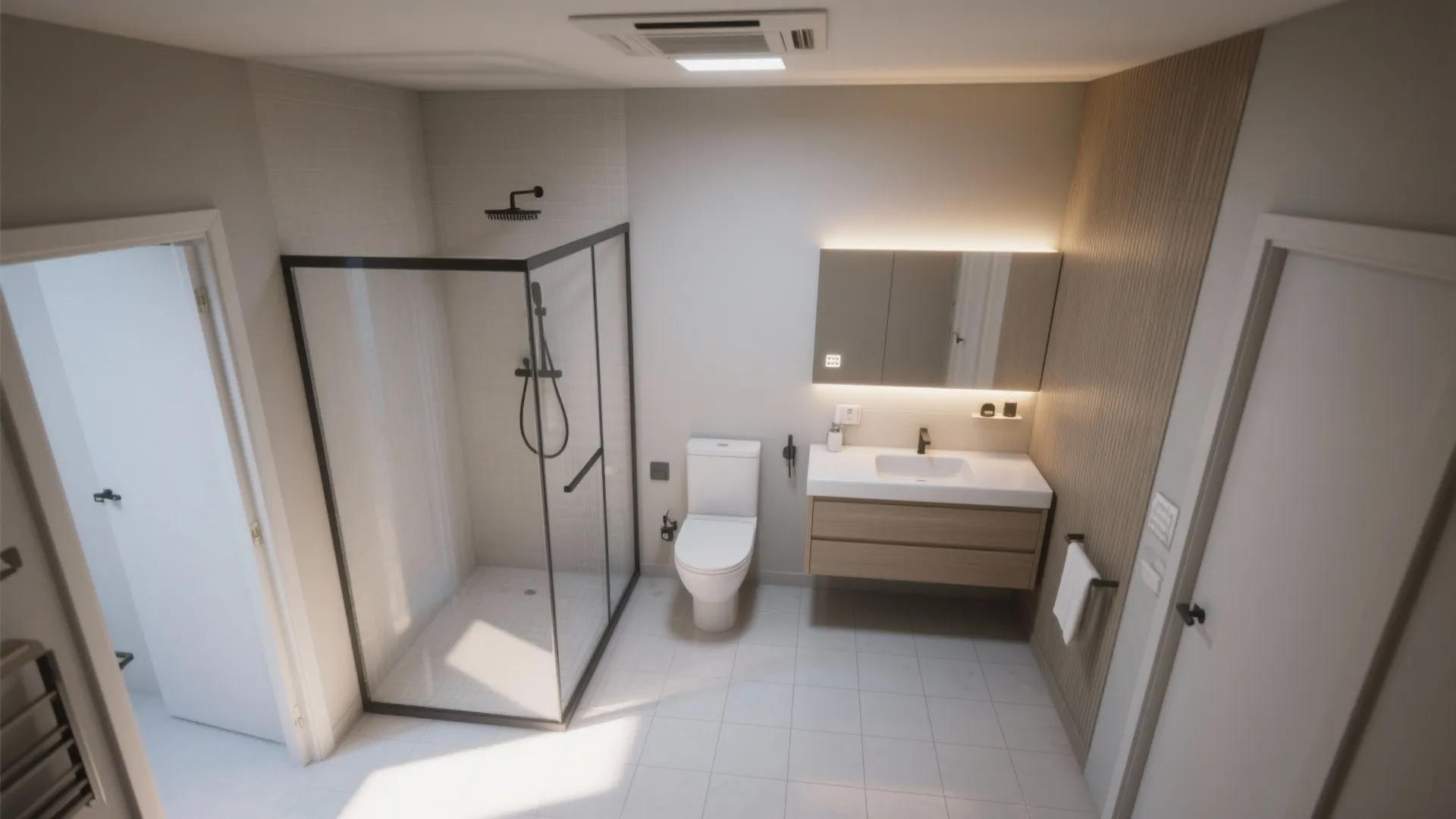 Modern bathroom interior design drawing with glass shower door white toilet and wood sink cabinet