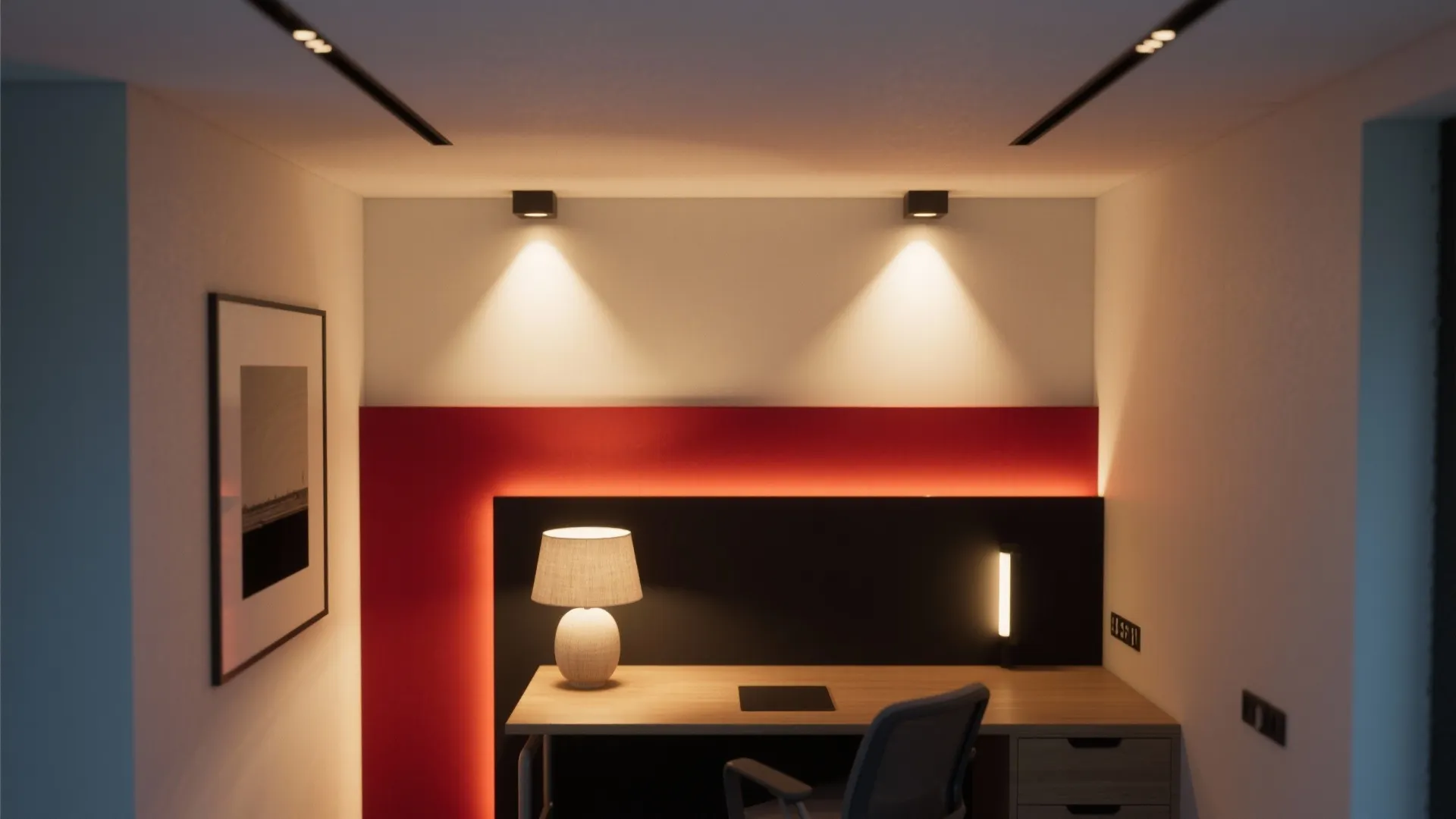 Interior study room with wooden desk table lamp wall light and recessed ceiling light fixture design