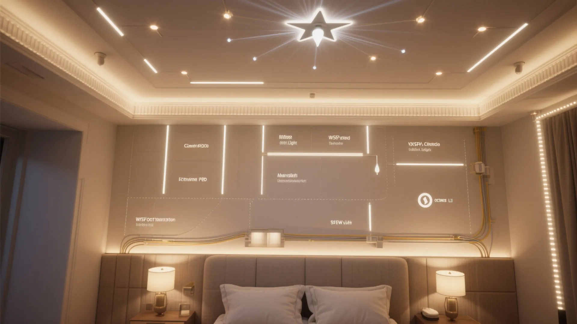 Top-down layout of a bedroom lighting plan showing projector, fiber-optic routing and hidden LED strips.