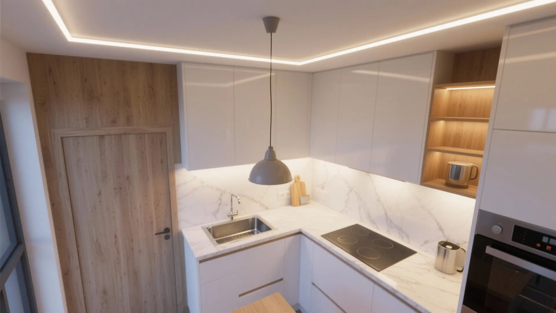 Modern small L-shaped kitchen with white cabinets, marble backsplash, grey ceiling light, and wooden door