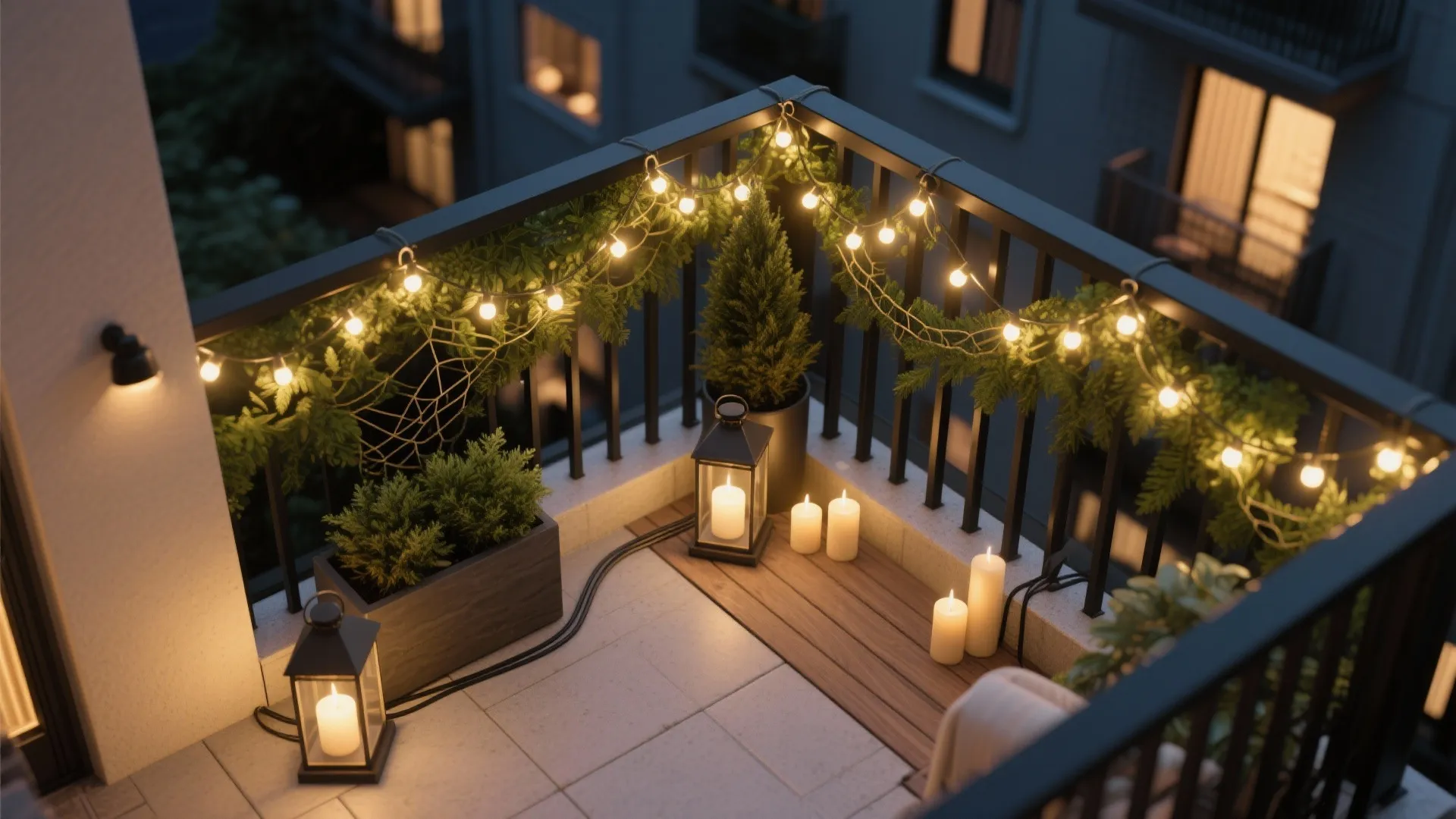 Small balcony at night decorated with string lights lanterns candles green plants and a wooden floor