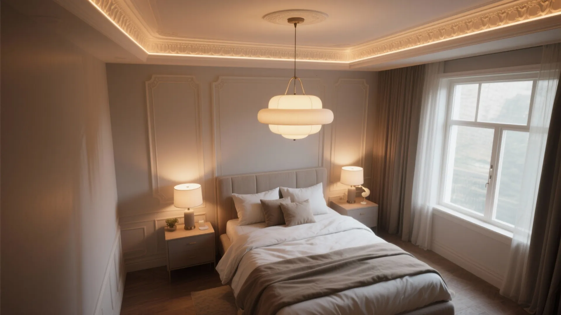 Modern bedroom with ceiling light plus wall lamps and wall panel details for a warm atmosphere
