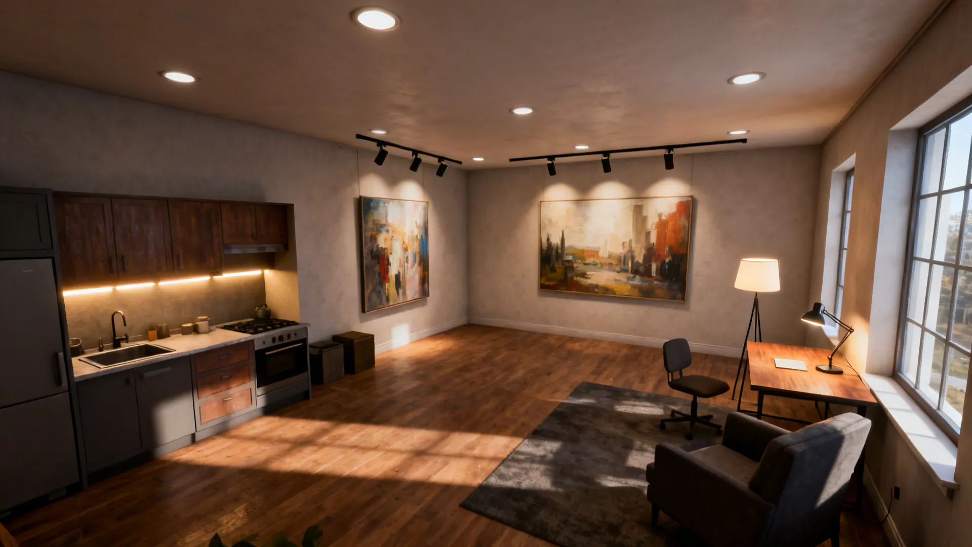 Top-down view showing layered lighting strategies in a compact modern apartment