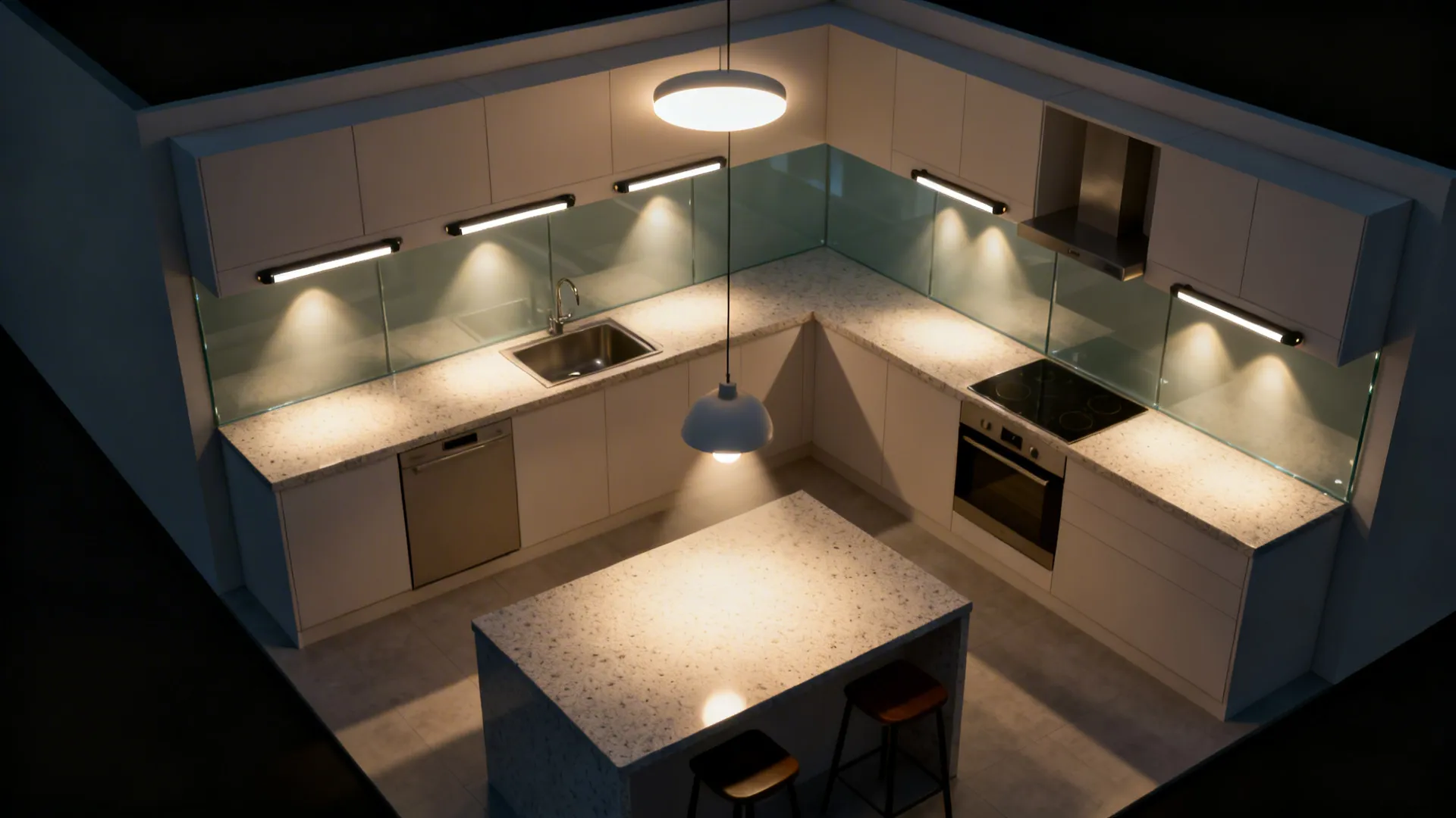 Top-down view showing under-cabinet, ceiling, and pendant lighting zones in a small kitchen.