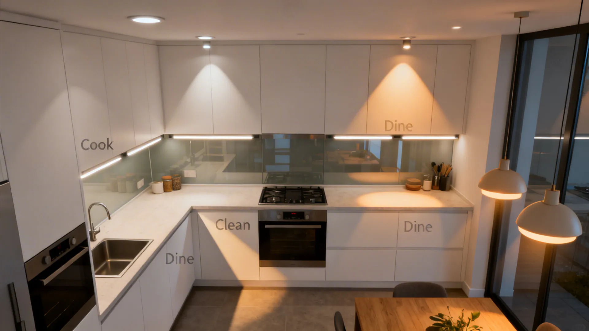 Top-down layered lighting plan with recessed, under-cabinet task lights, and warm accent zones.