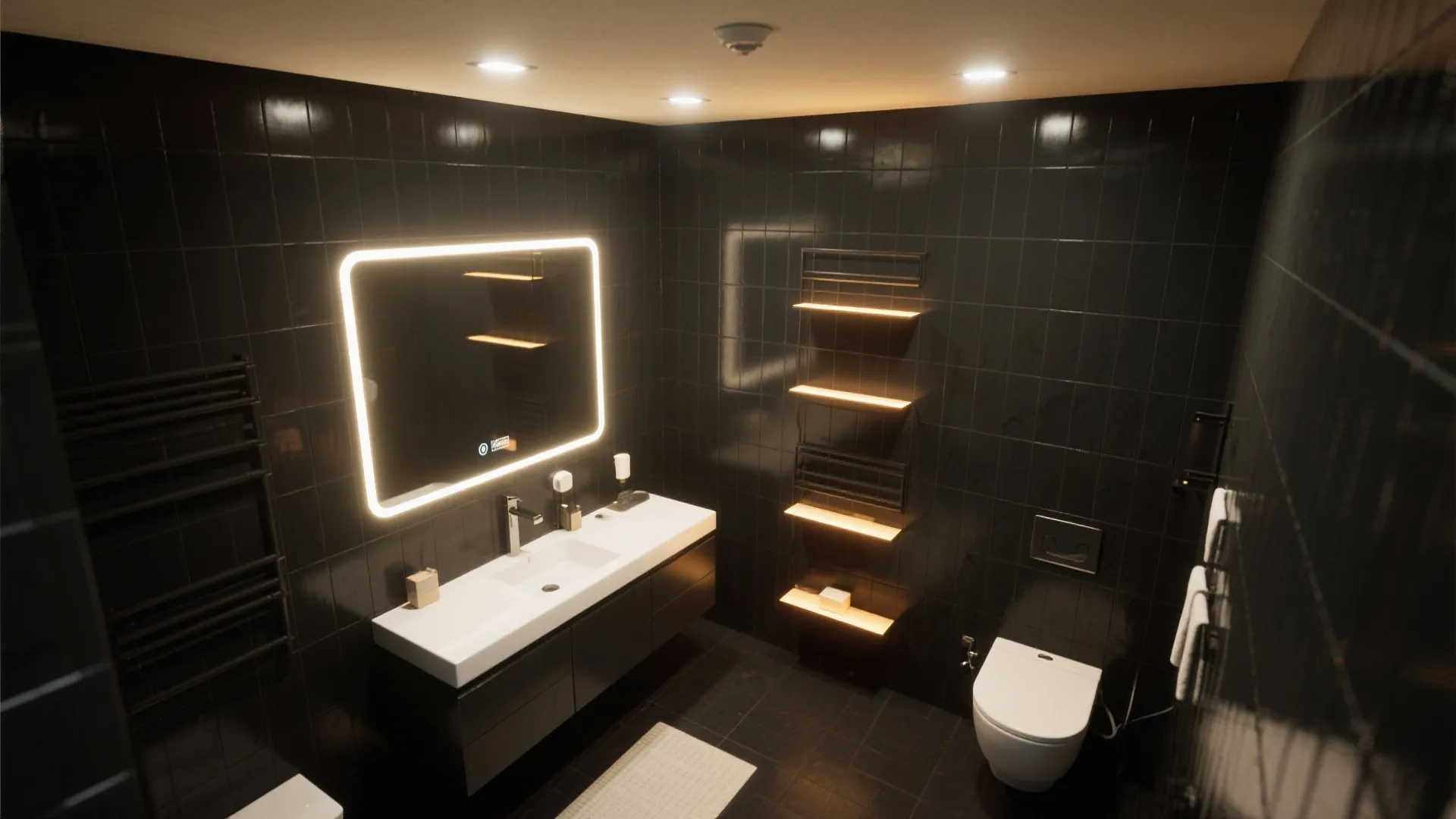 Modern black bathroom with glowing mirror white sink wooden shelves toilet and ceiling light fixture